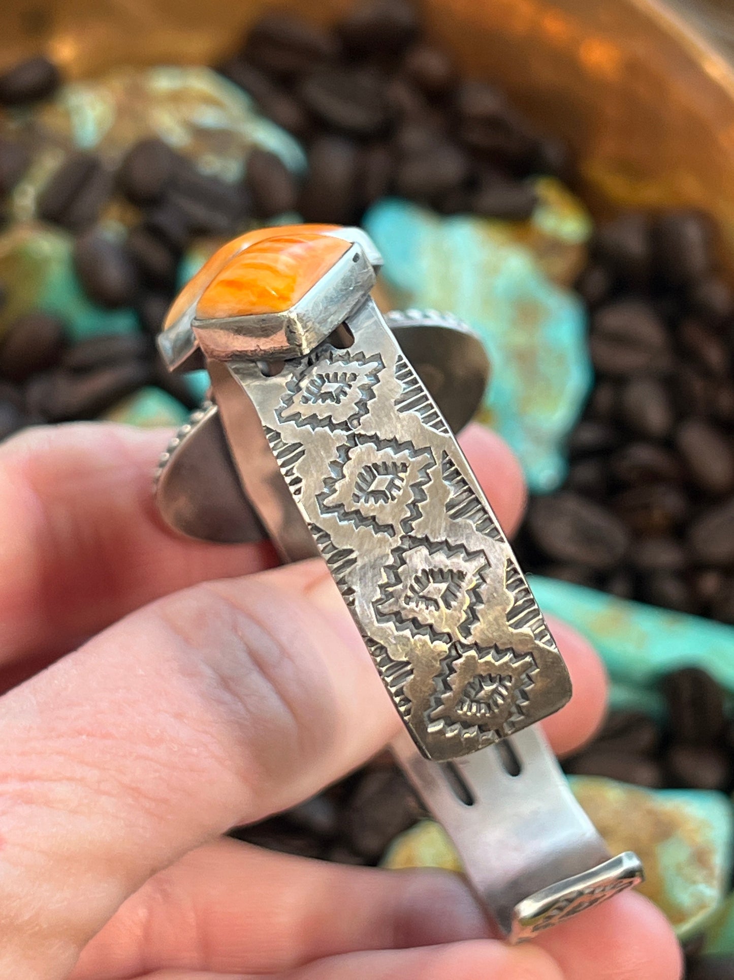 Handcrafted Sterling Silver and Orange Spiny Oyster Shell Geometric Row Cuff by Rosella Paxson