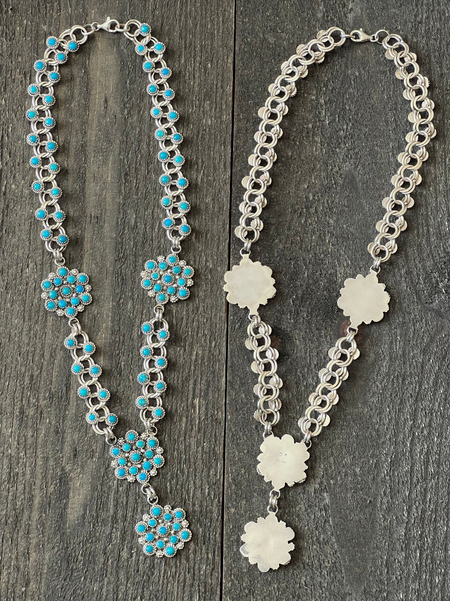 Handcrafted Sterling and Snake Eye Turquoise Link and Cluster Necklace by Dillon Cheama