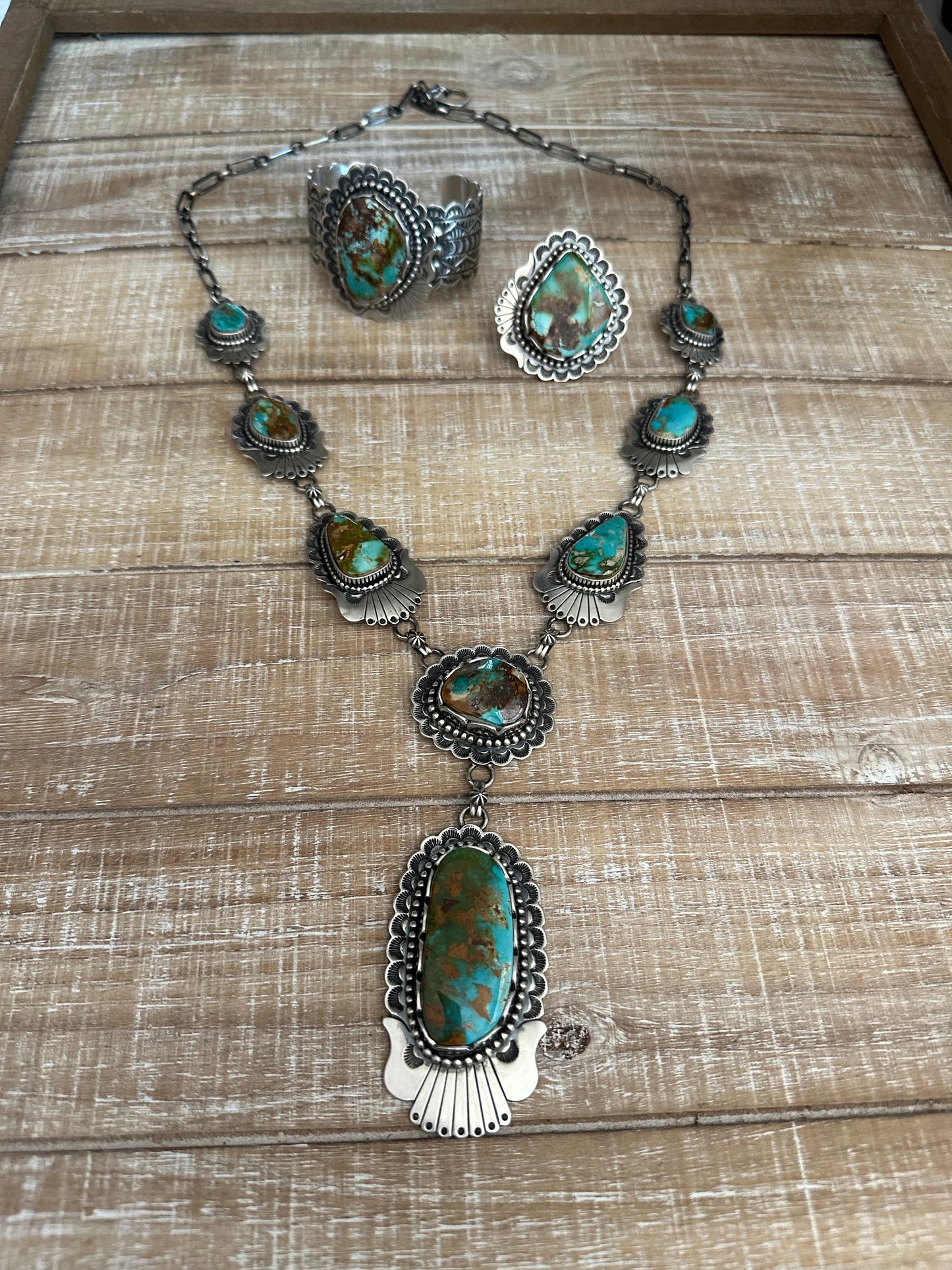Charles Johnson Handcrafted Royston Turquoise & Sterling Silver Necklace, Bracelet and Ring Set Signed