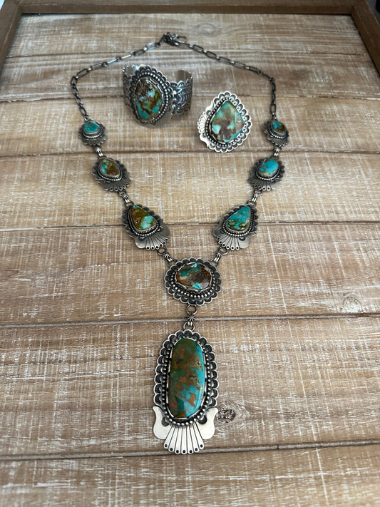 Charles Johnson Handcrafted Royston Turquoise & Sterling Silver Necklace, Bracelet and Ring Set Signed