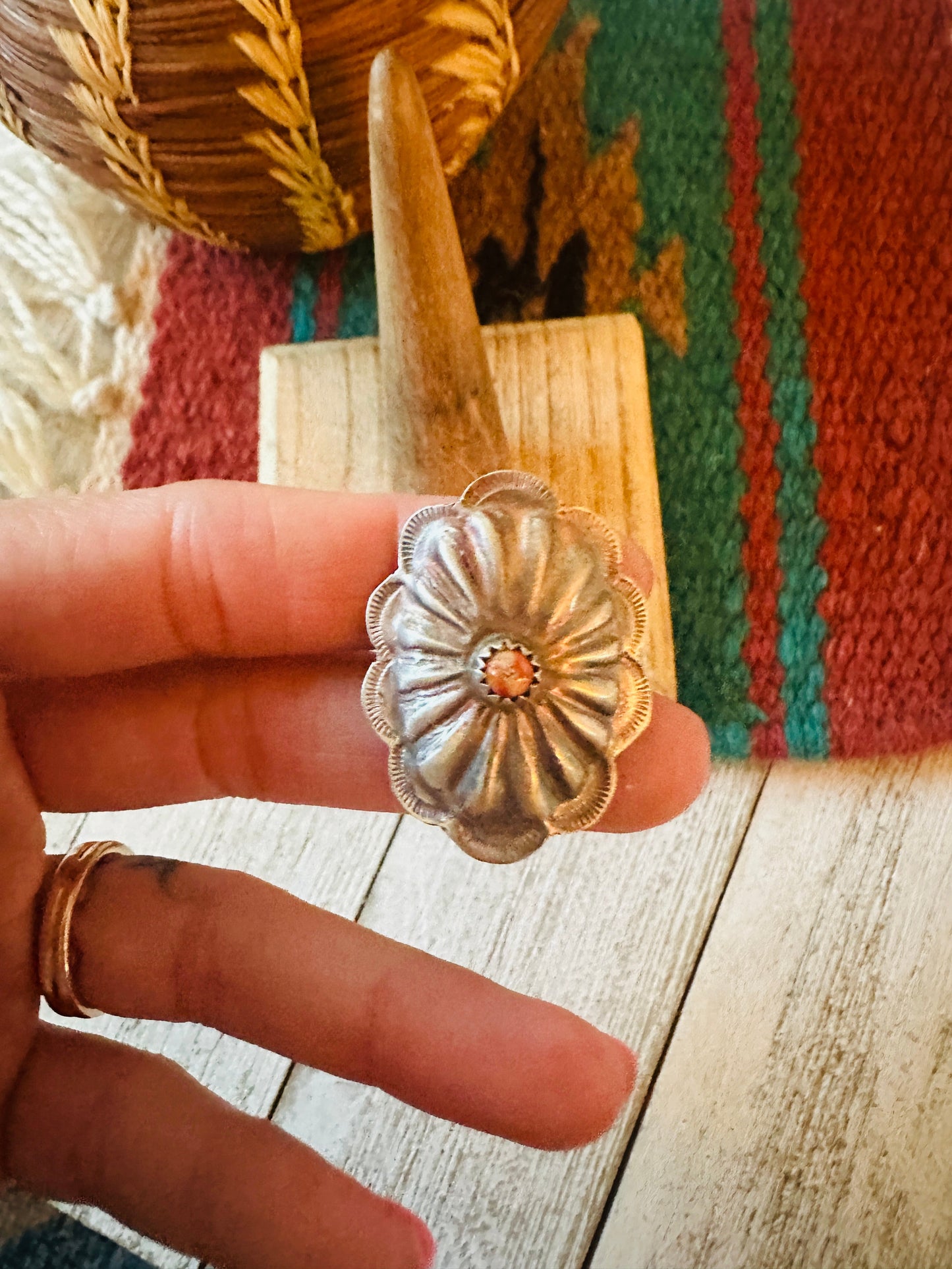 Handcrafted Sterling Silver & Orange Spiny Concho Ring