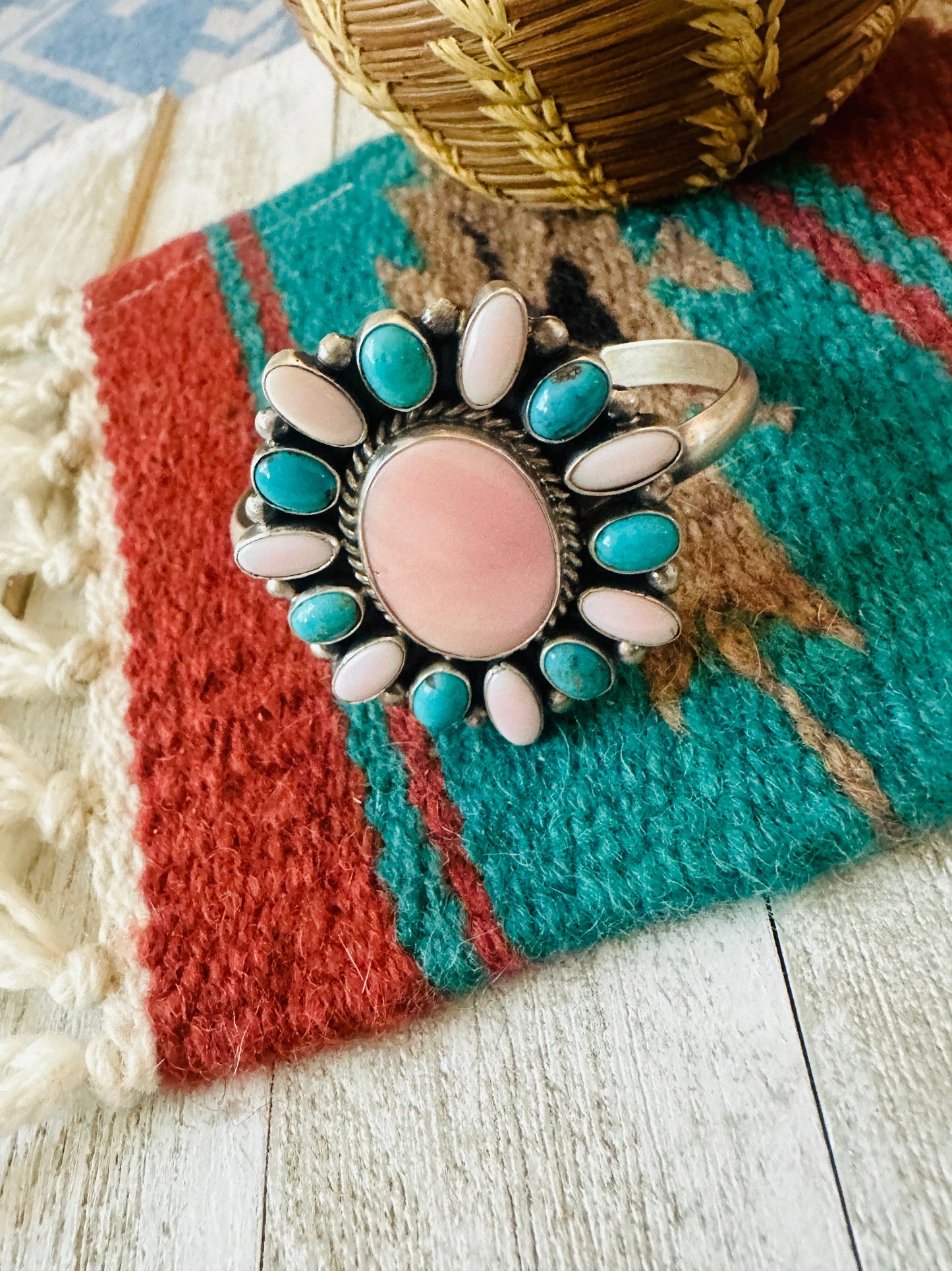 Navajo Queen Pink Conch, Turquoise & Sterling Silver Cluster Cuff Bracelet