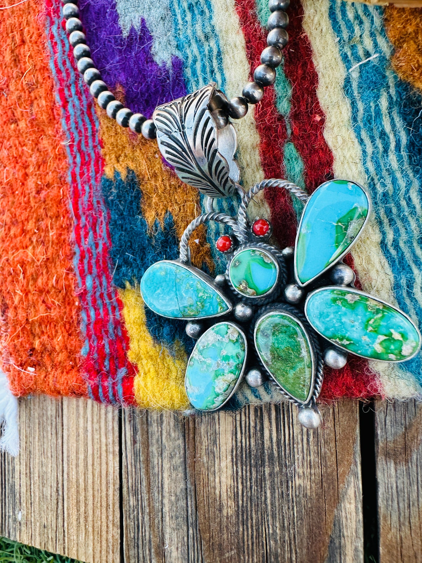 Handcrafted Sterling Silver, Turquoise & Coral Dragonfly Pendant by Emer Thompson