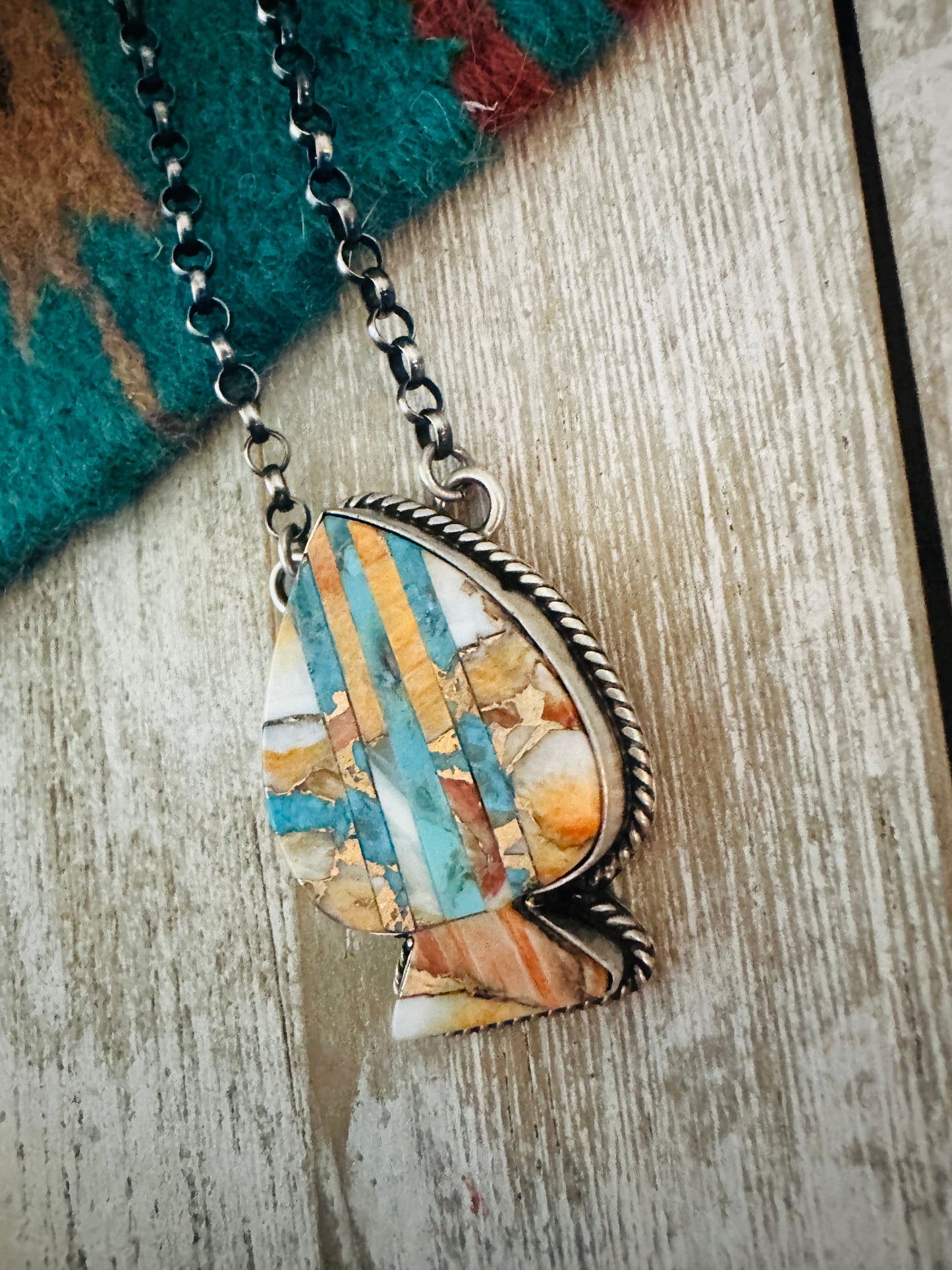 Handcrafted Sterling Silver & Multi Stone Inlay Spade Necklace