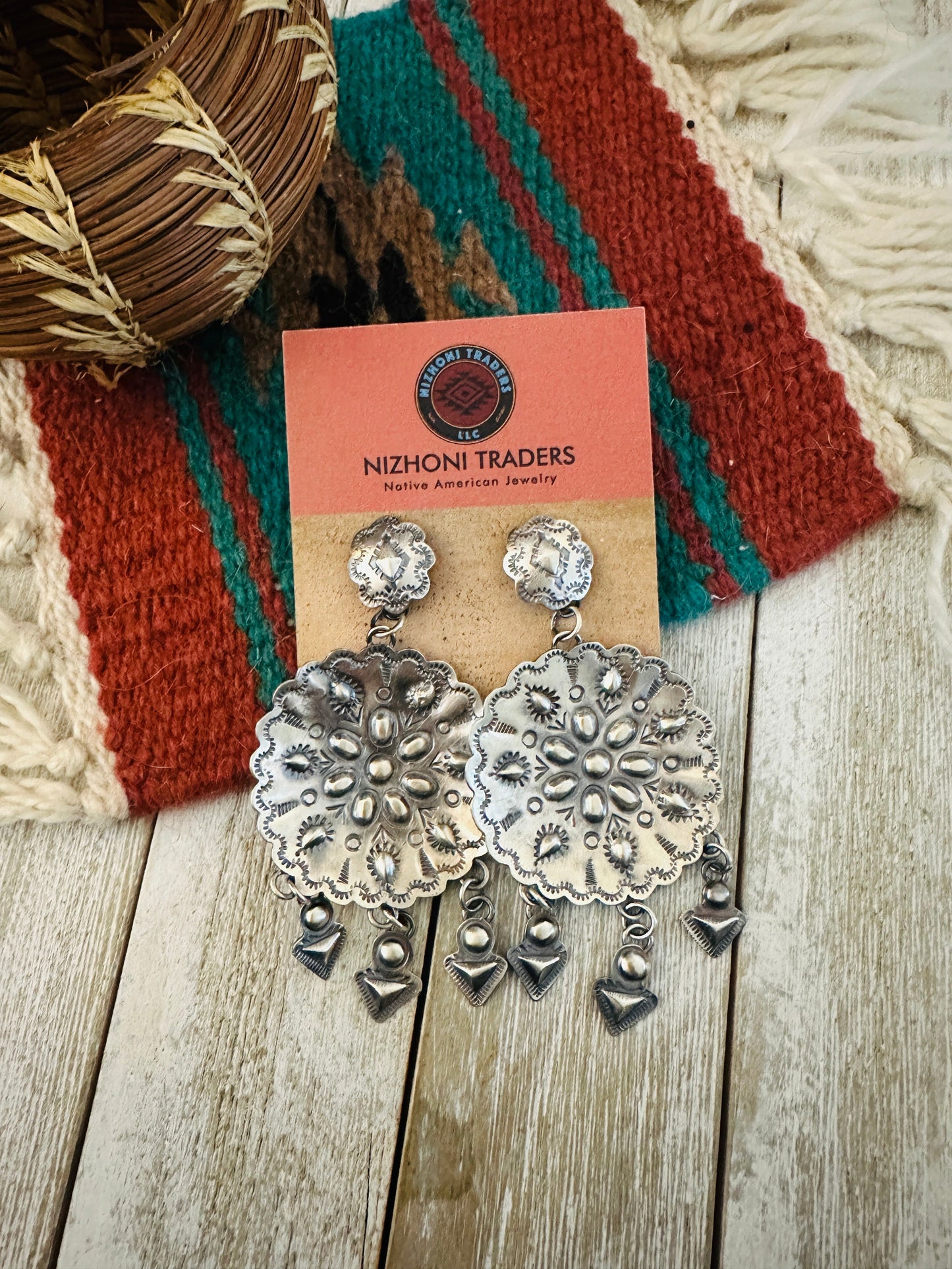 Handcrafted Hand Stamped Sterling Silver Concho Dangle Earrings