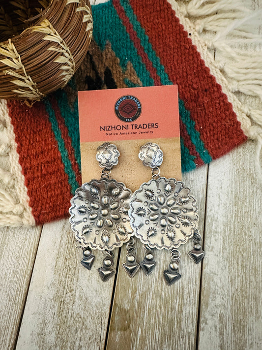 Handcrafted Hand Stamped Sterling Silver Concho Dangle Earrings