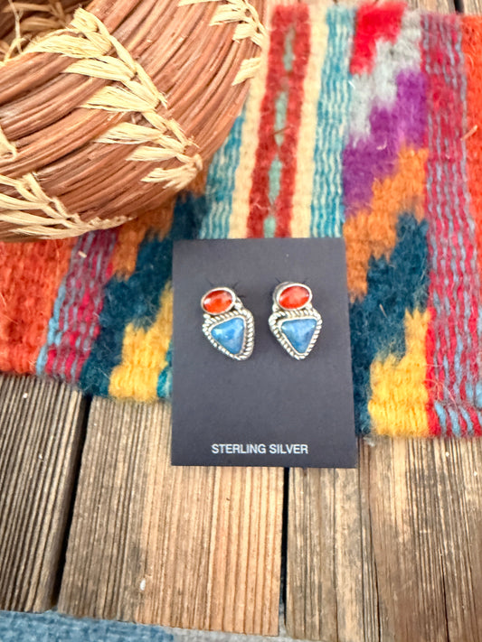 Handcrafted Lapis, Carnelian & Sterling Silver Post Earrings