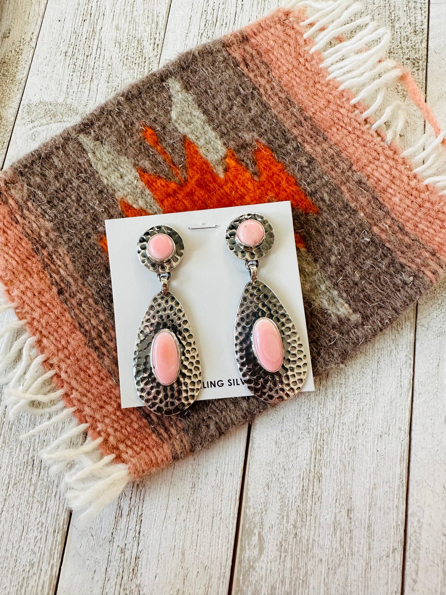 Navajo Queen Pink Conch & Sterling Silver Dangle Earrings