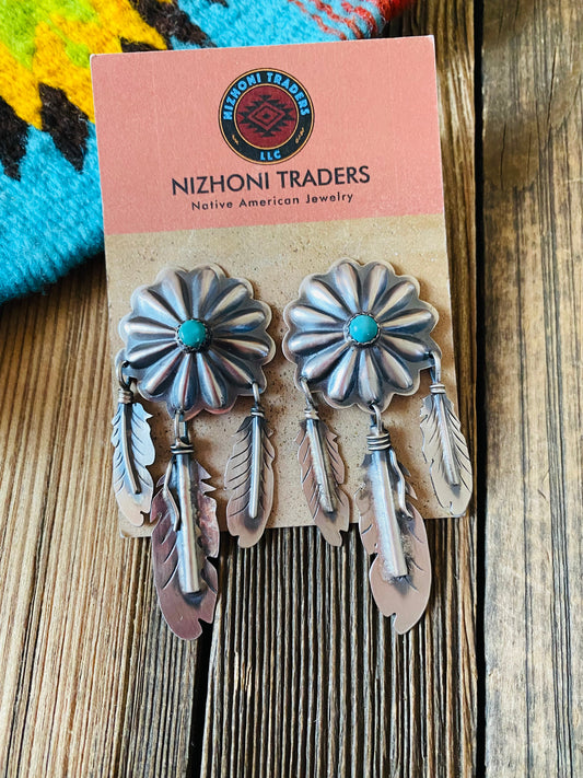 Handcrafted Sterling Silver & Turquoise Concho Feather Dangle Earrings