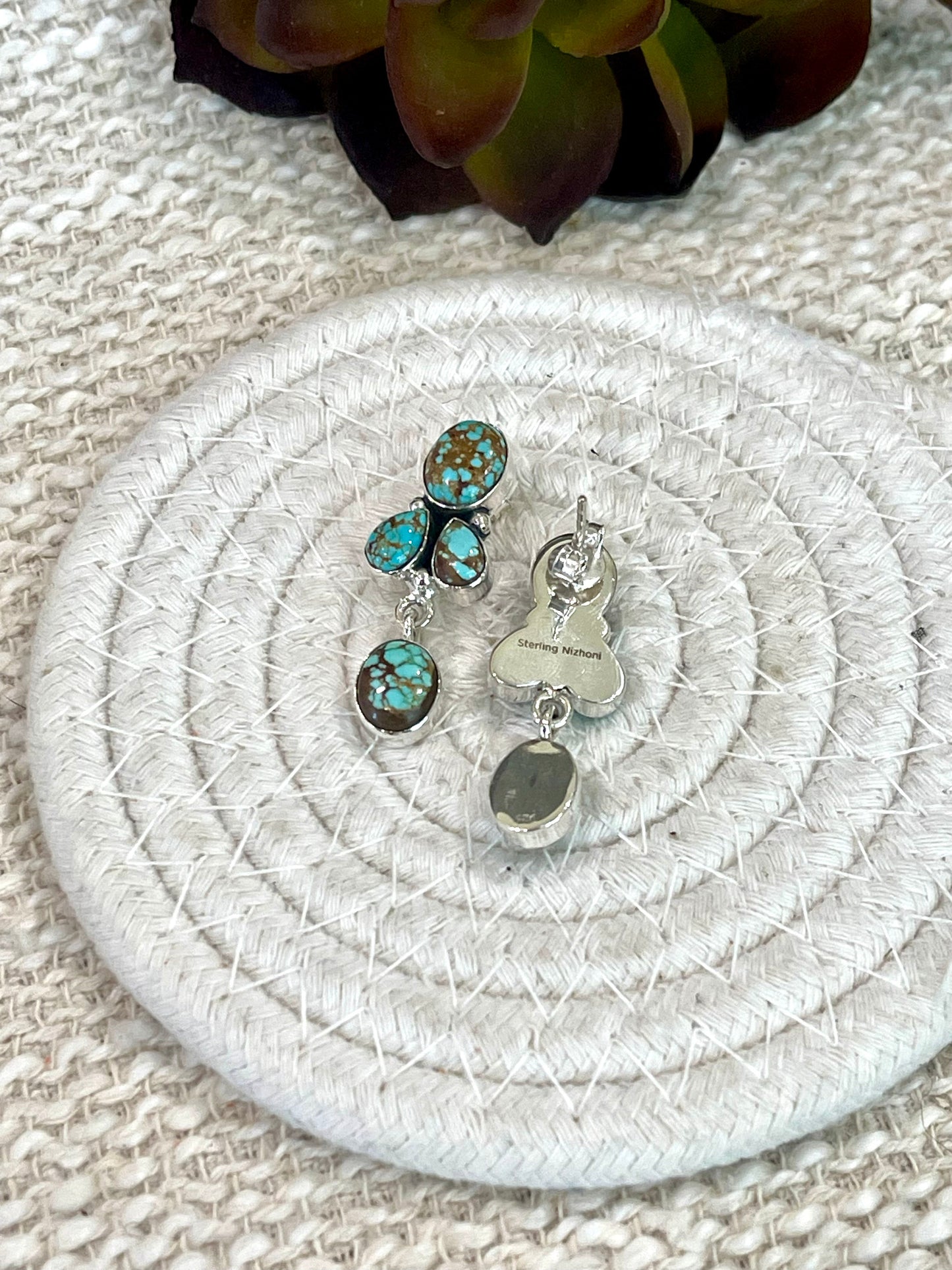 Handmade Sterling Silver Number 8 Turquoise Post Dangle Earrings with Signed Nizhoni