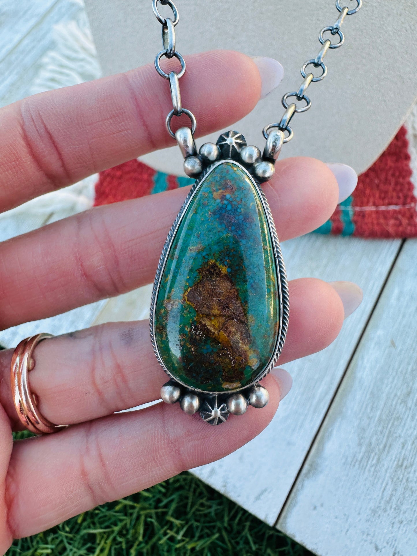 Handcrafted Sterling Silver 18” Link Chain & Royston Turquoise Necklace