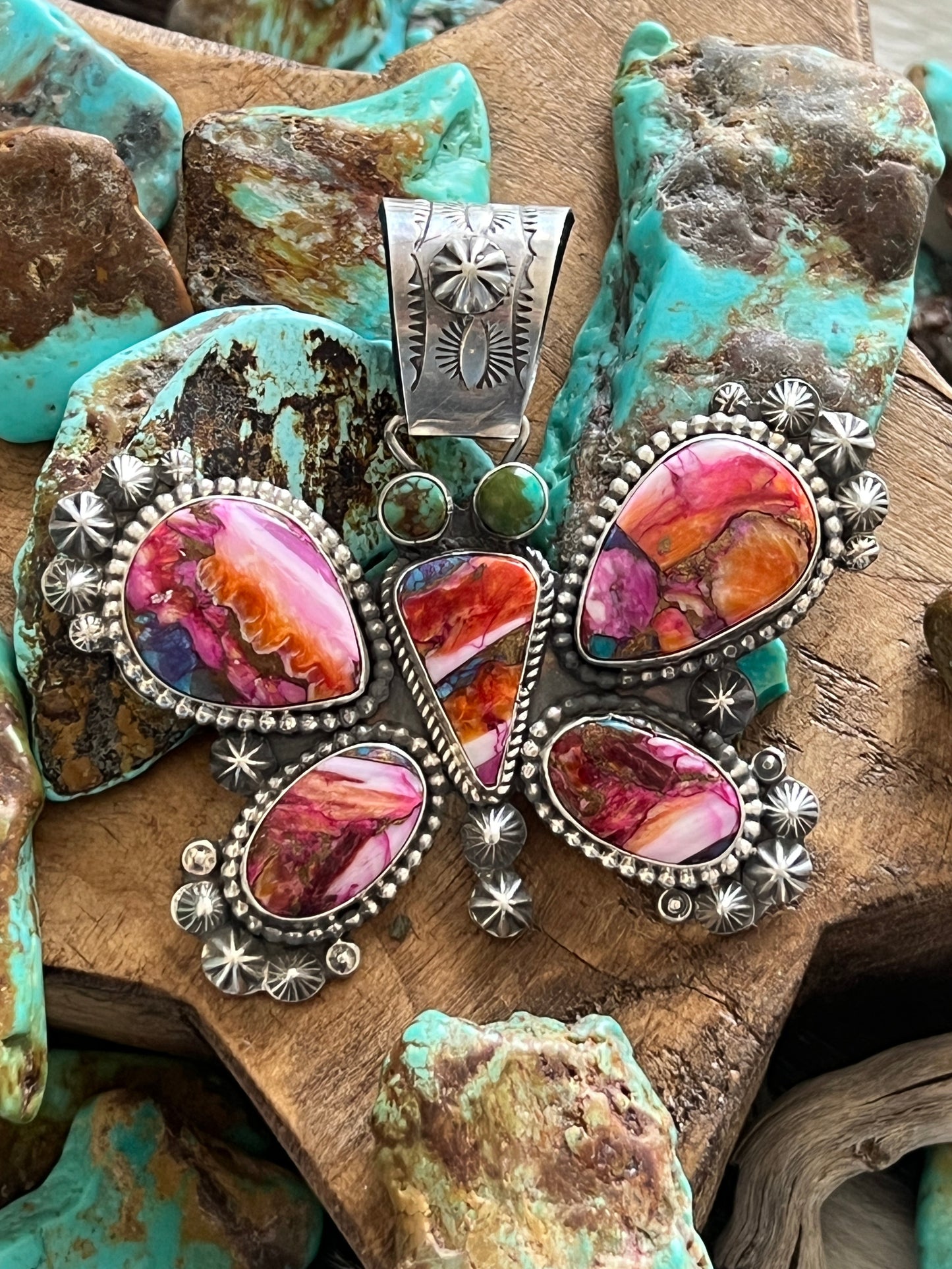 Apache Sterling Silver, Pink Dream Mohave and Turquoise Butterfly Pendant