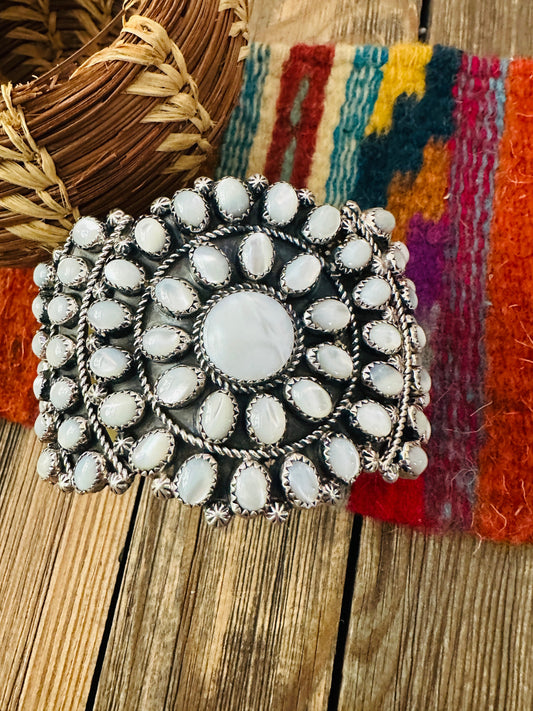 Handcrafted Old Pawn Sterling Silver & Mother of Pearl Cuff Bracelet