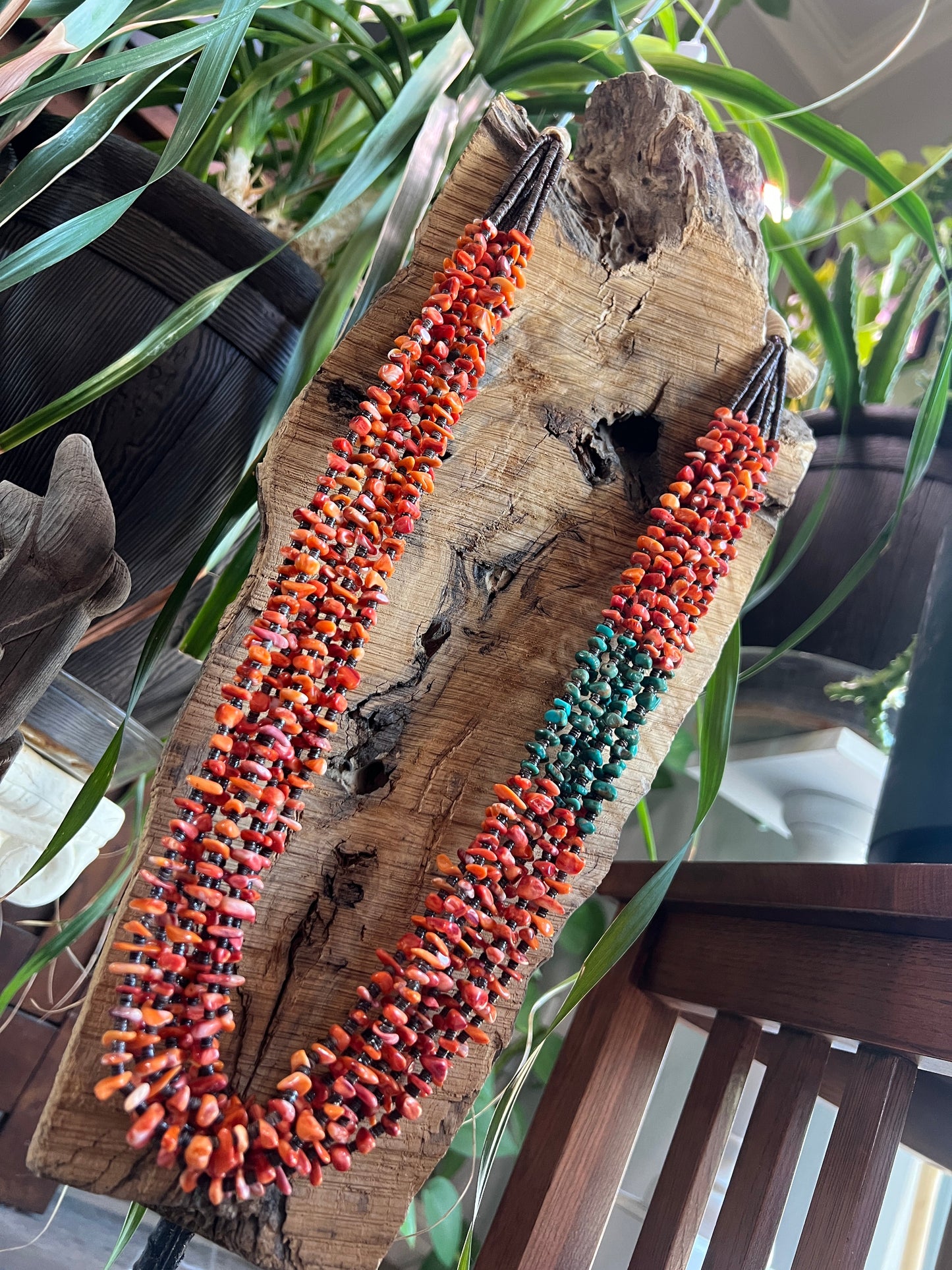 Gorgeous Handcrafted Made Eight Strand Spiny Oyster and Turquoise Beaded Squaw Wrap Necklace by Daniel Coriz