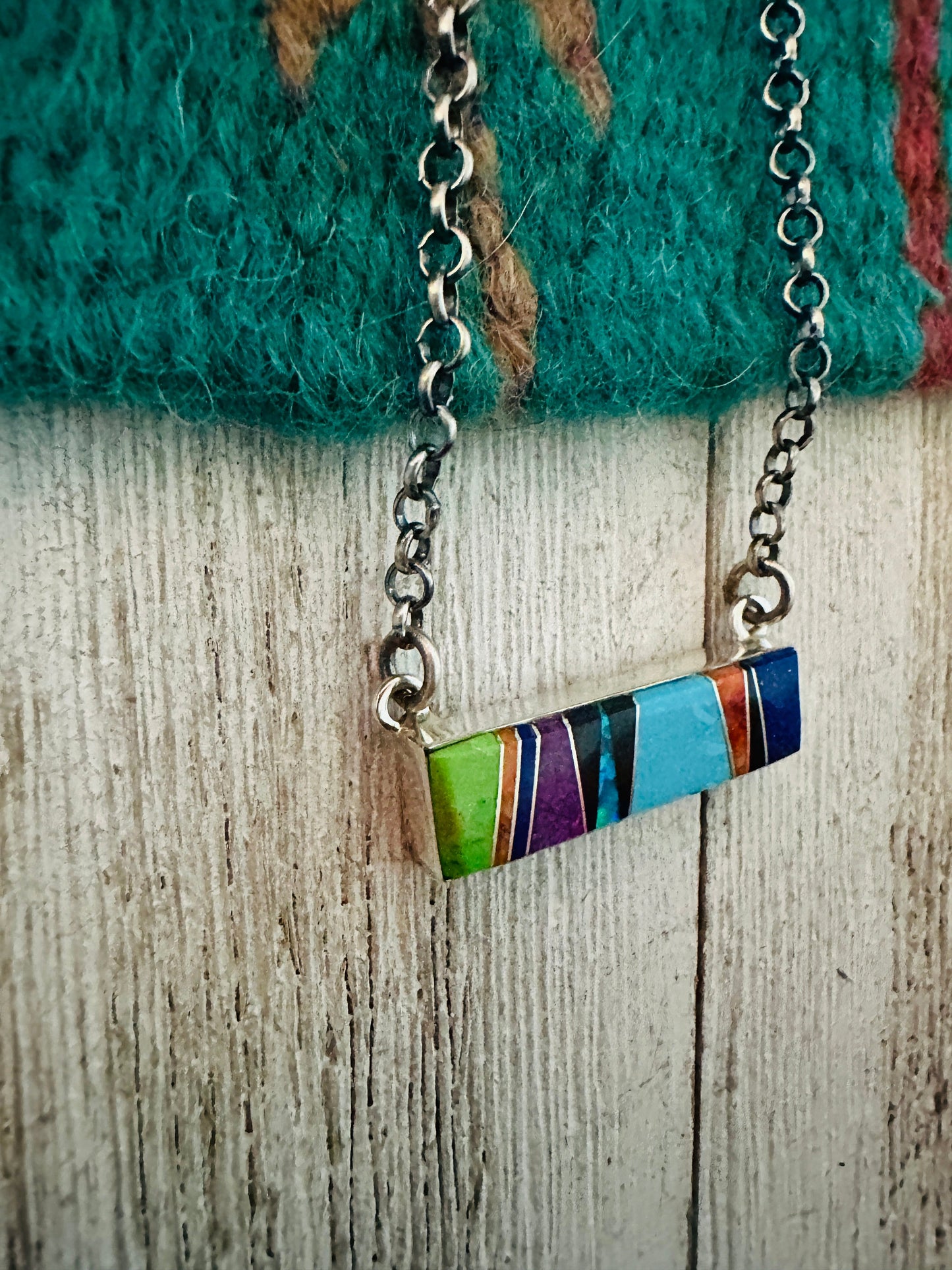 Handcrafted Multi Stone & Sterling Silver Inlay Bar Necklace