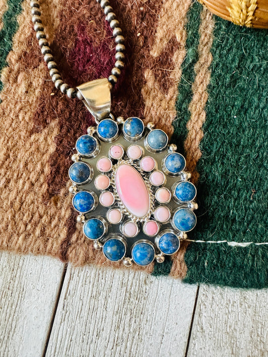 Handcrafted Queen Pink Conch, Lapis & Sterling Silver Cluster Pendant