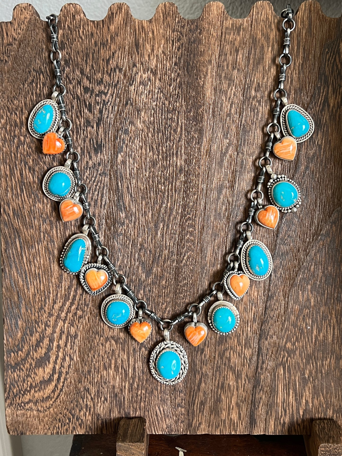 Handcrafted Sterling Silver, Turquoise & Spiny Heart Necklace, Signed RY