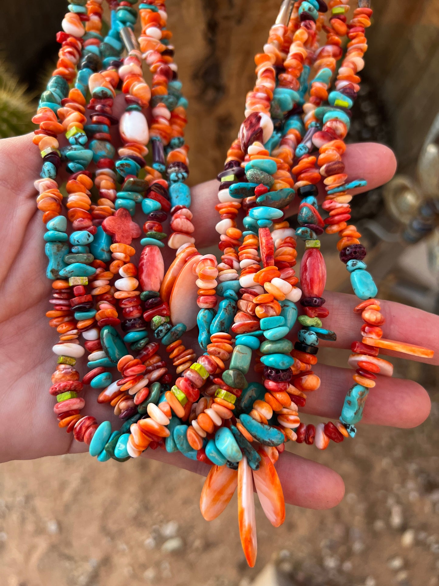Gorgeous Handcrafted Made Six Strand Spiny Oyster and Turquoise Beaded Squaw Wrap Necklace with Spiny Oyster Tabs