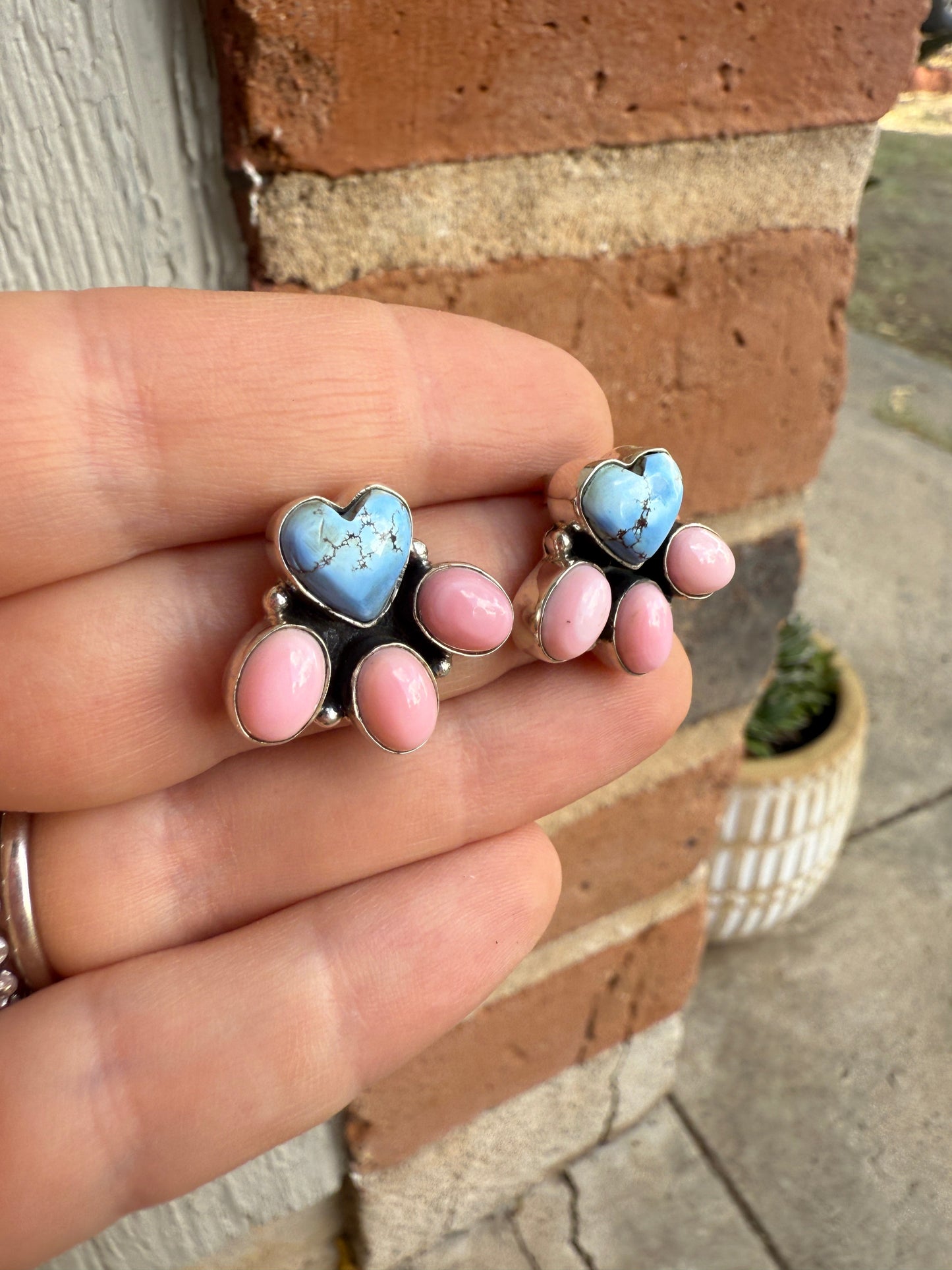 Handmade Natural Golden Hills Turquoise, Pink Conch and Sterling Silver Earring style 1