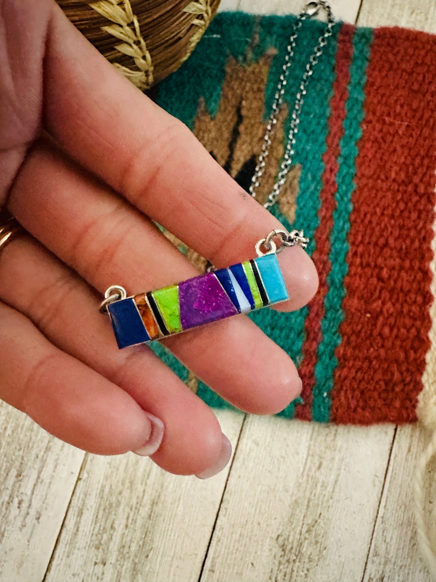 Handcrafted Multi Stone & Sterling Silver Inlay Bar Necklace