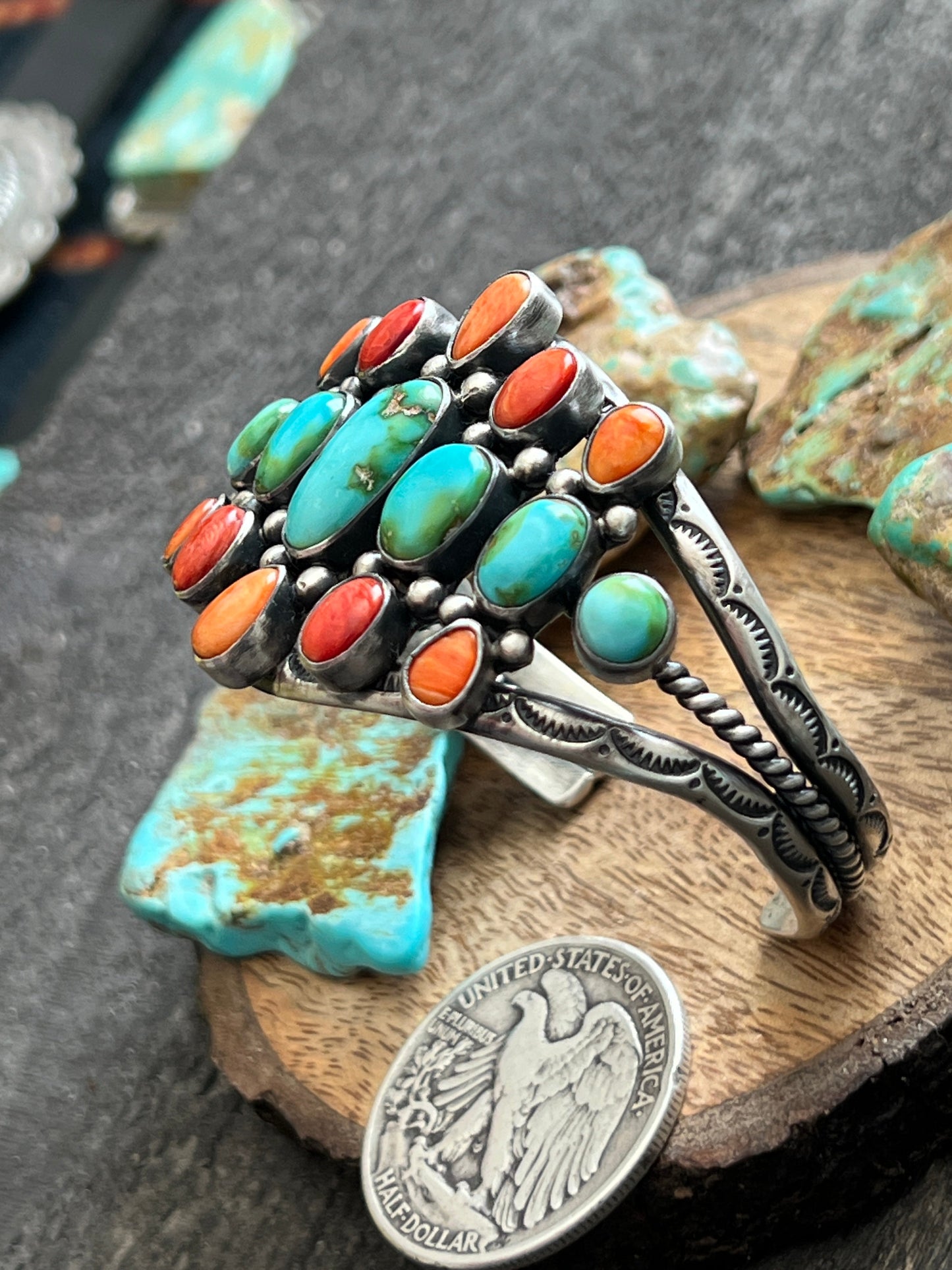Hand Stamped Sterling Silver, Sonoran Turquoise and Spiny Oyster Shell Cluster Cuff Bracelet by Diane Wylie /