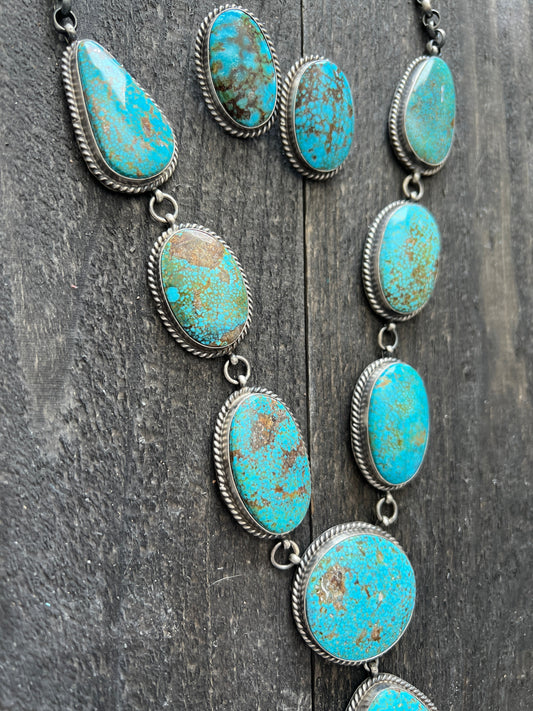 Handcrafted Sterling Silver and Birdseye Kingman Turquoise Y-Style Lariat Necklace and Earrings Set by Peggy Skeets