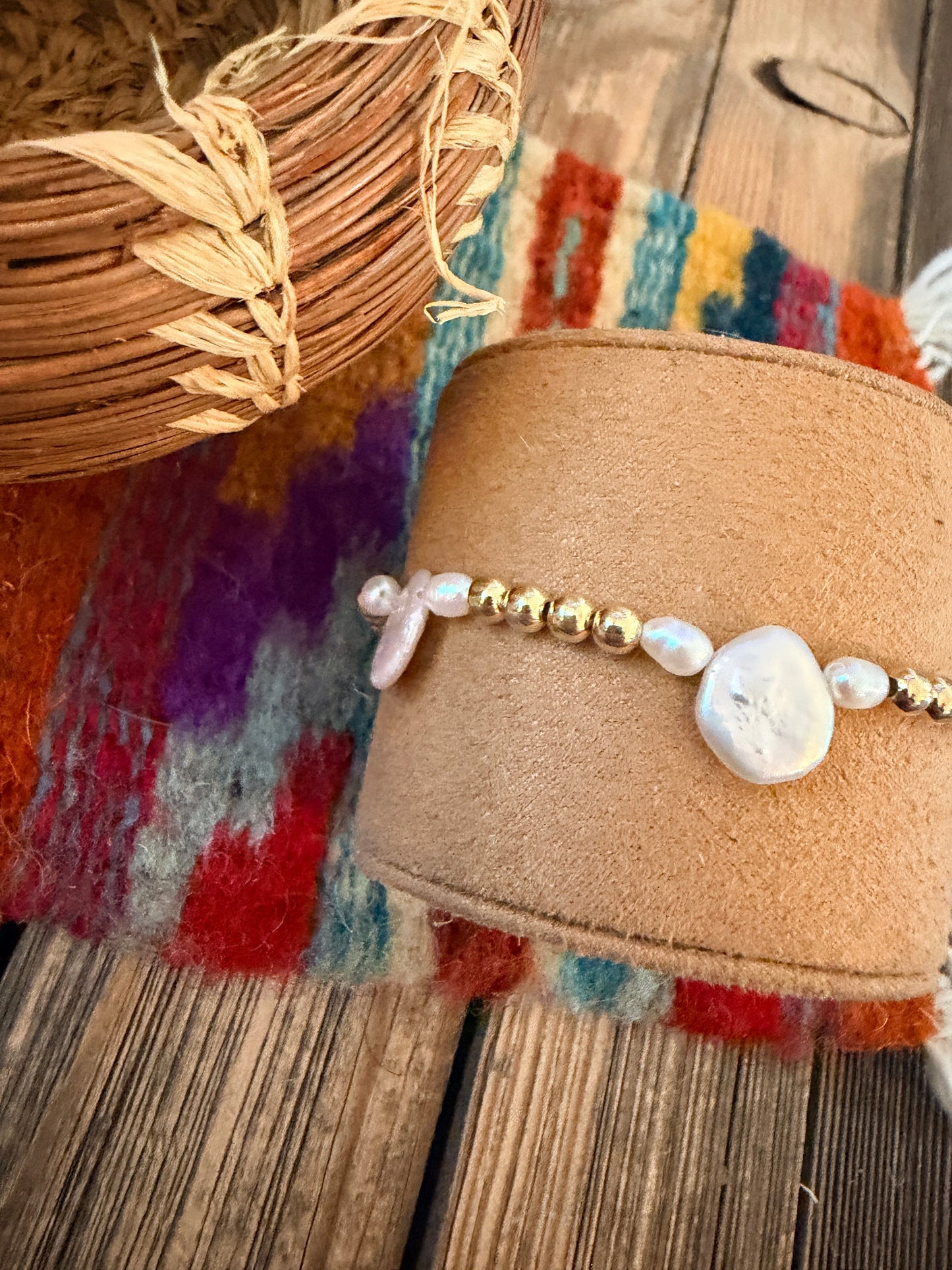 Handcrafted Mother of Pearl & Gold-Plated Sterling Silver Pearl Beaded Stretch Bracelet