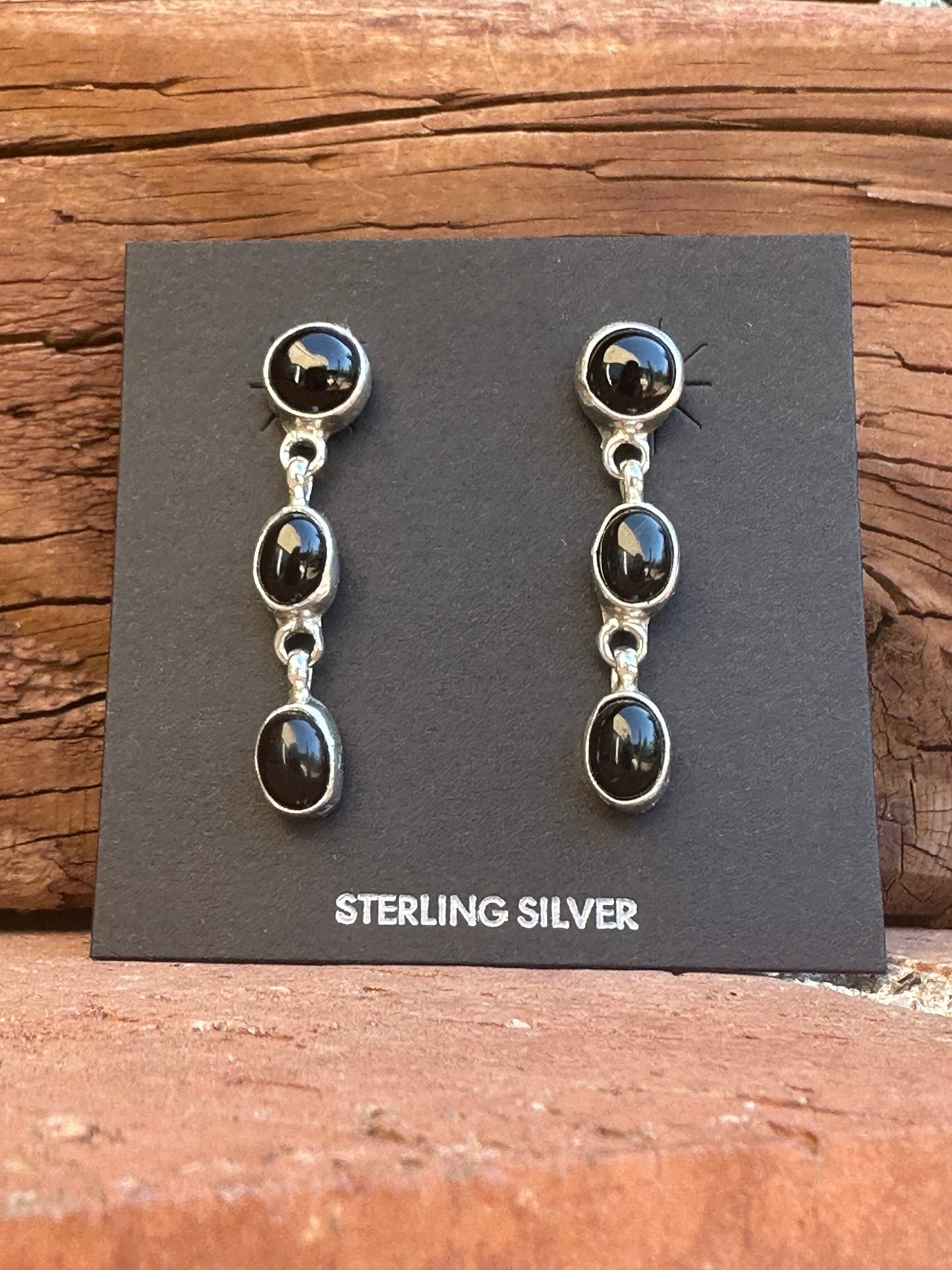 Handcrafted Made Black Onyx & Sterling Silver 3 Stone Dangle Earrings