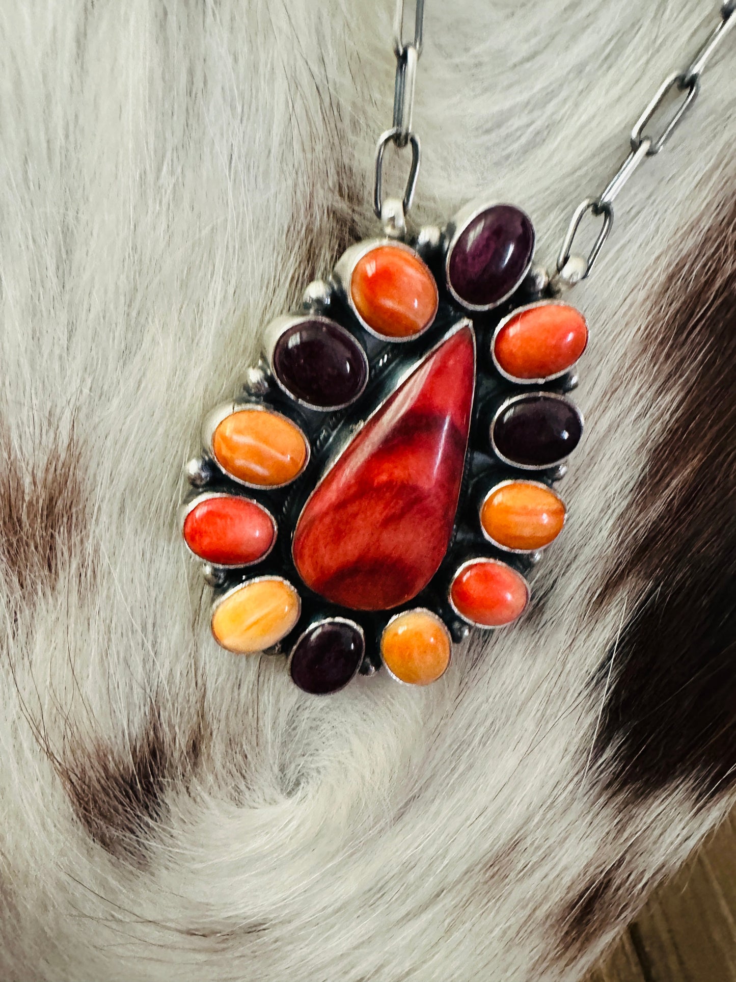 Handcrafted Multicolor Spiny Oyster & Sterling Silver Cluster Necklace by Sheila Becenti