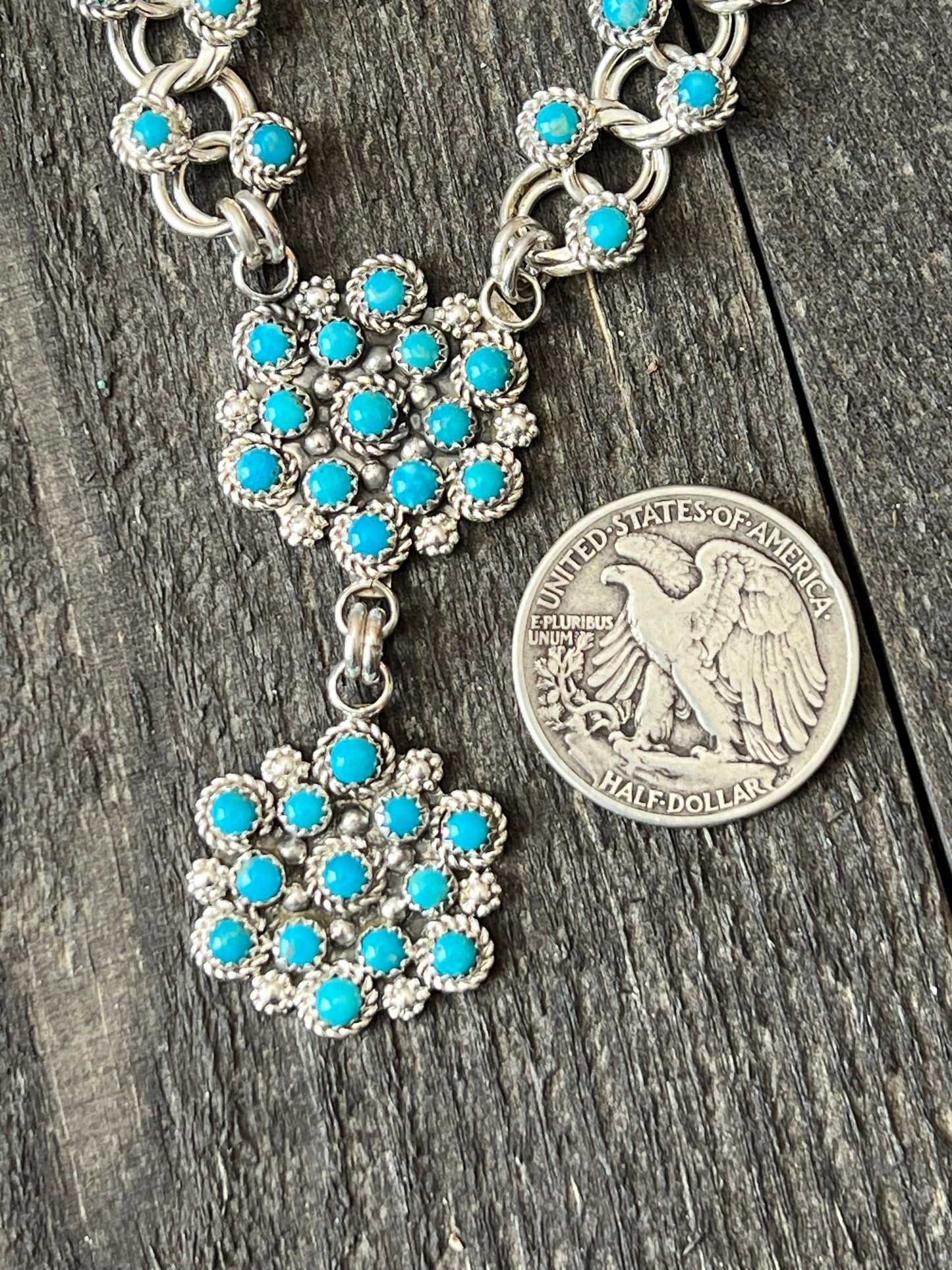 Handcrafted Sterling and Snake Eye Turquoise Link and Cluster Necklace by Dillon Cheama
