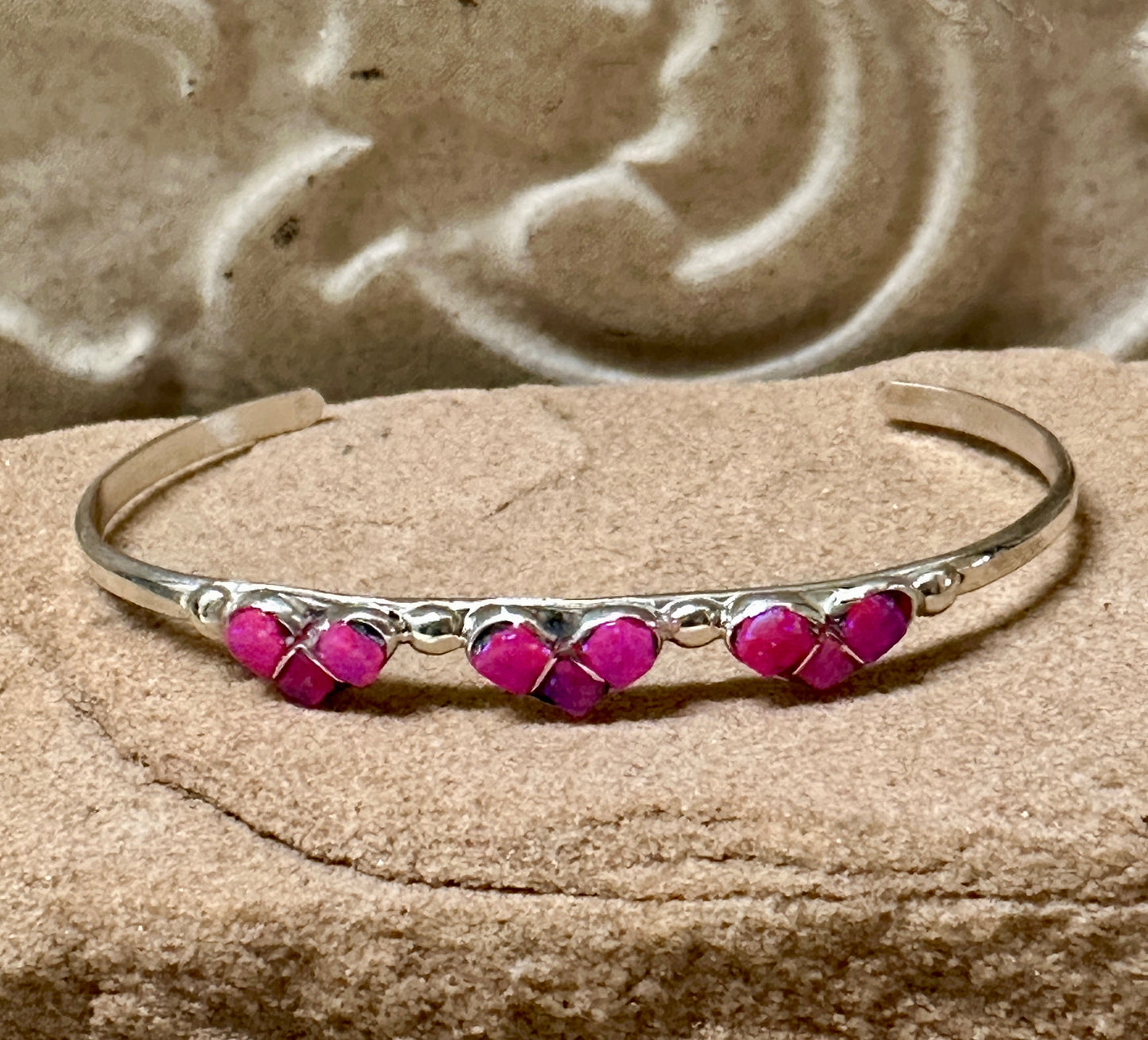 Handcrafted Sterling Silver Opal Three Hot Pink Hearts Baby Cuff Bracelet
