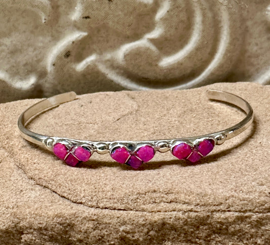 Handcrafted Sterling Silver Opal Three Hot Pink Hearts Baby Cuff Bracelet