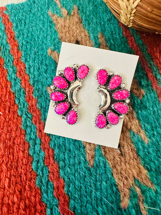 Handcrafted Pink Opal & Sterling Silver Crescent Cluster Earrings