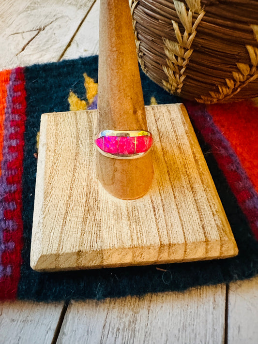 Handcrafted Pink Opal & Sterling Silver Inlay Band Ring Signed