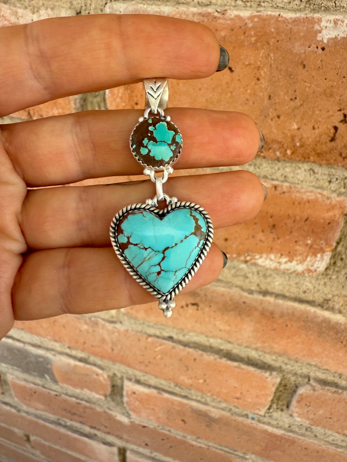 Handmade Sterling Silver Number 8 Turquoise Heart Pendant with Signed Nizhoni