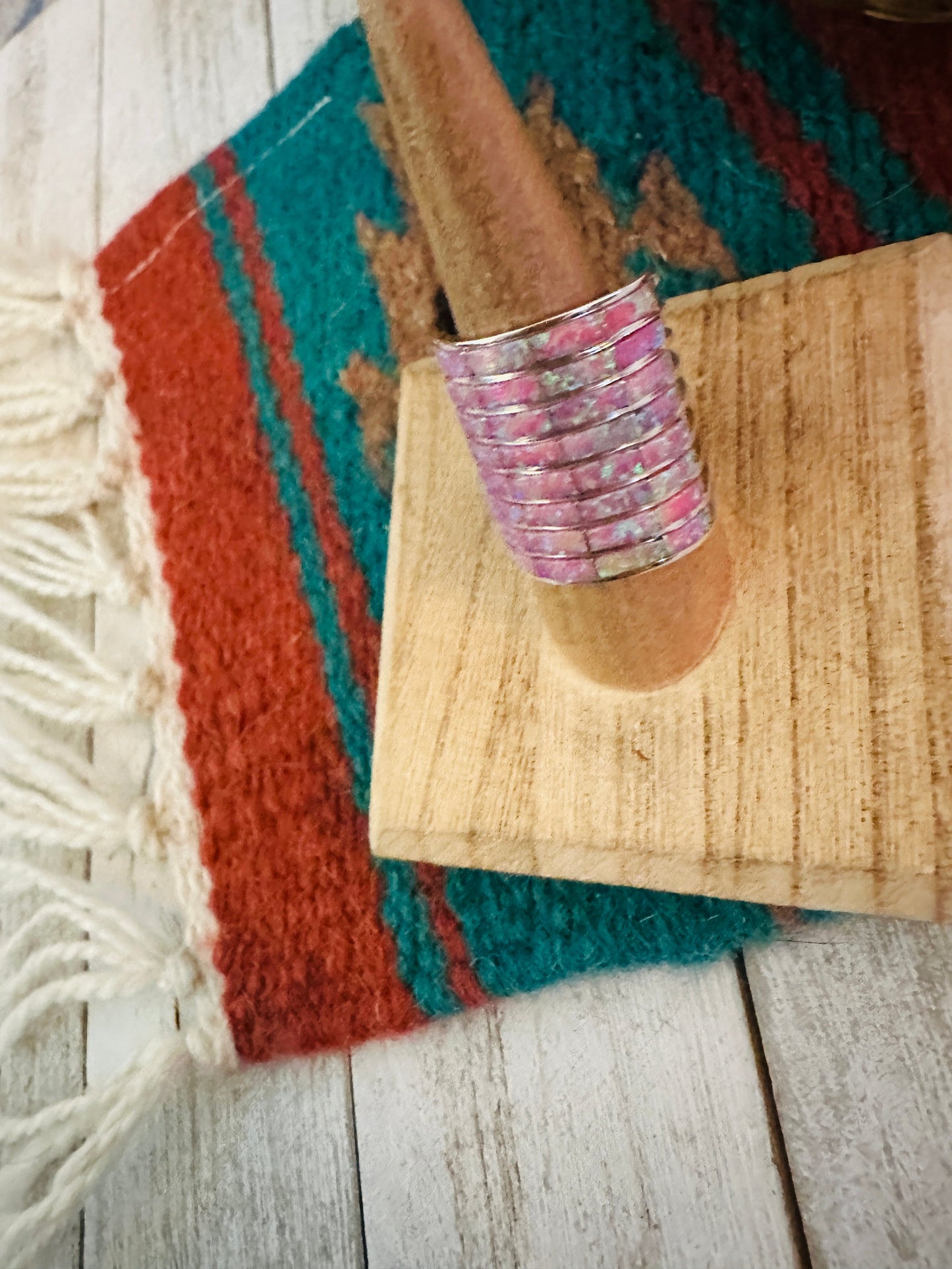 Handcrafted Sterling Silver & Pink Opal Inlay Band Ring