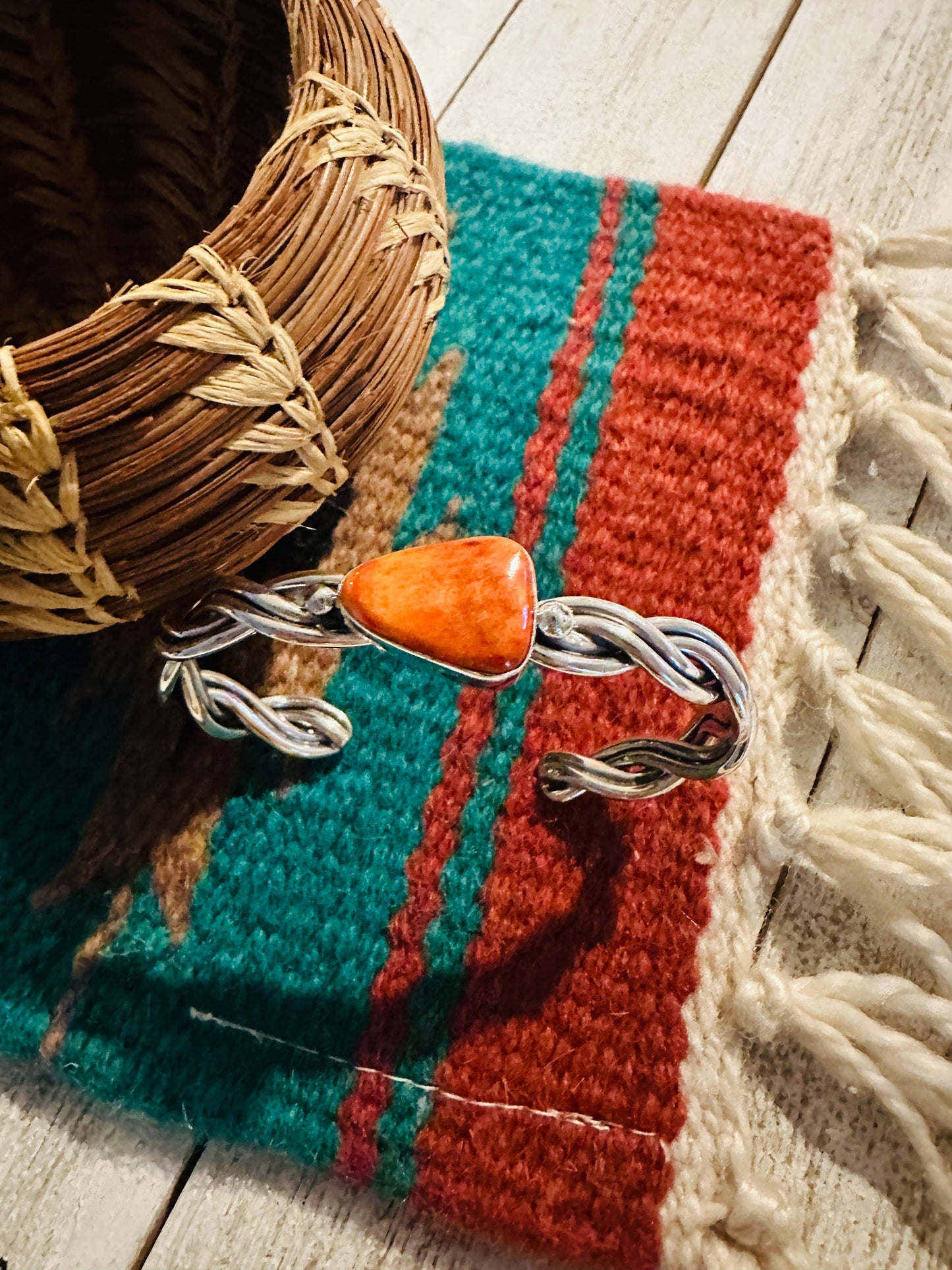 Navajo Orange Spiny & Sterling Silver Twisted Cuff Bracelet