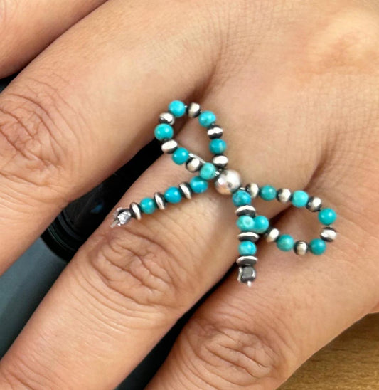 Handmade Turquoise Bow Tie Handmade Sterling Silver Pearl Beaded Stretch Ring
