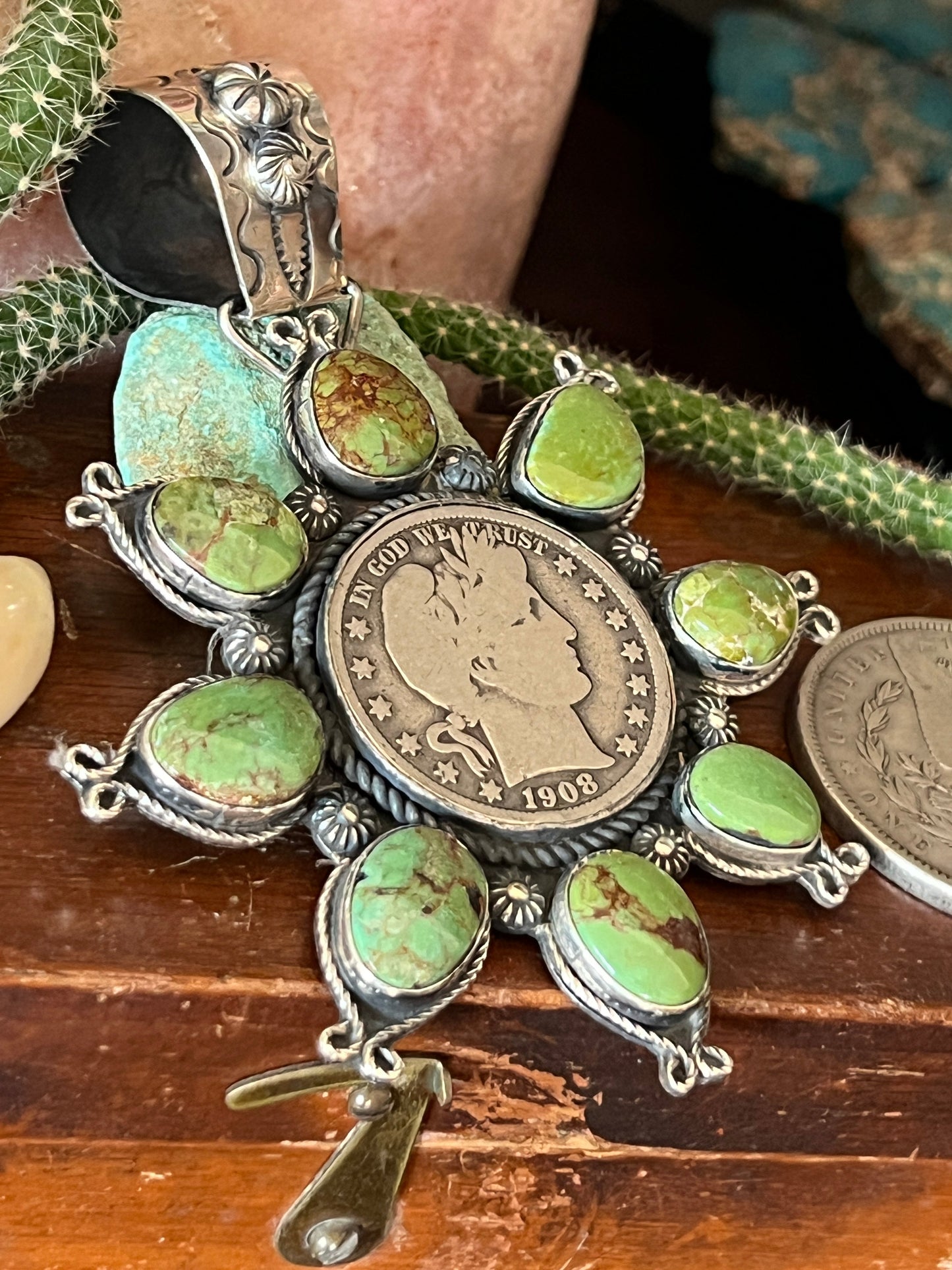Apache Made Sterling Silver and Egyptian Turquoise Coin Cluster Pendant by Rosella Paxson