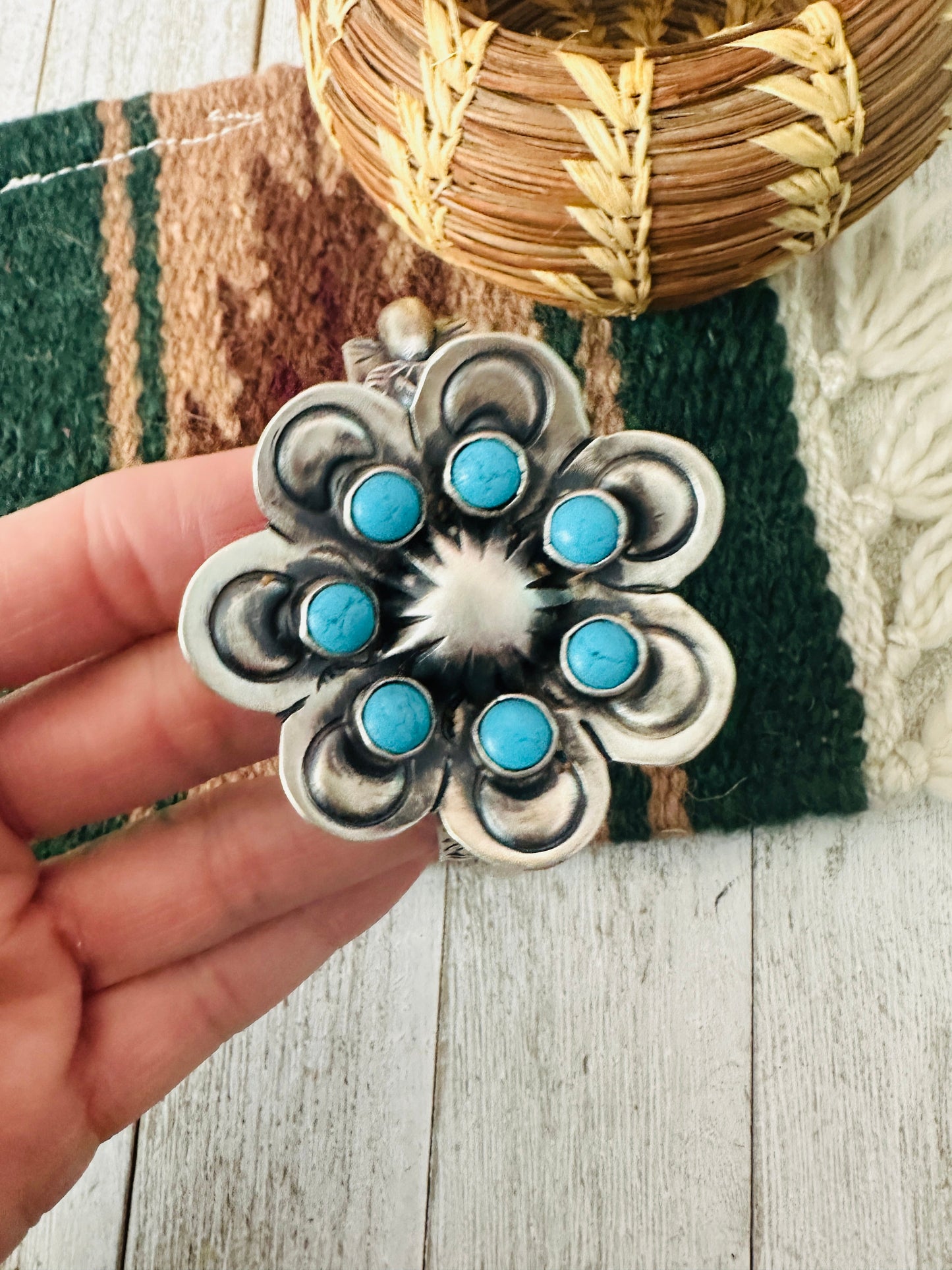 Sterling Silver & Turquoise Flower Cluster Cuff Bracelet /