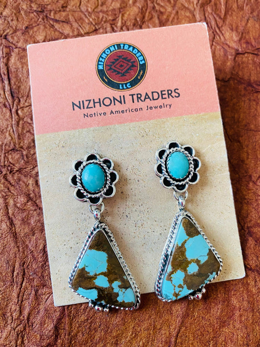 Handcrafted Number 8 Turquoise & Sterling Silver Flower Dangle Earrings