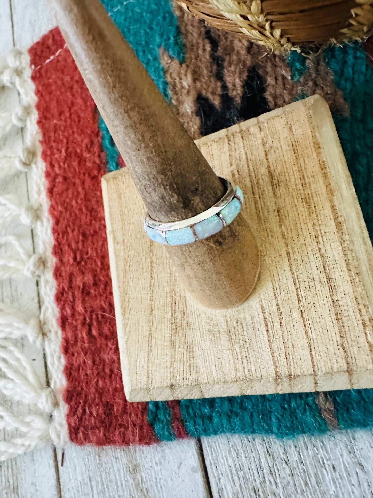 Handcrafted Sterling Silver & White Opal Inlay Band Ring