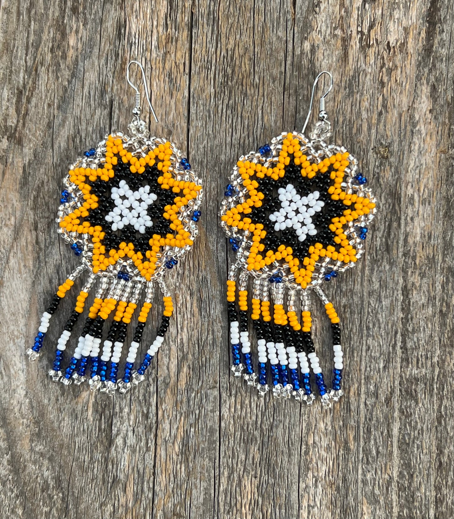 Handmade MultiColor Beaded Dangle Earrings (Yellow, Black, & White)