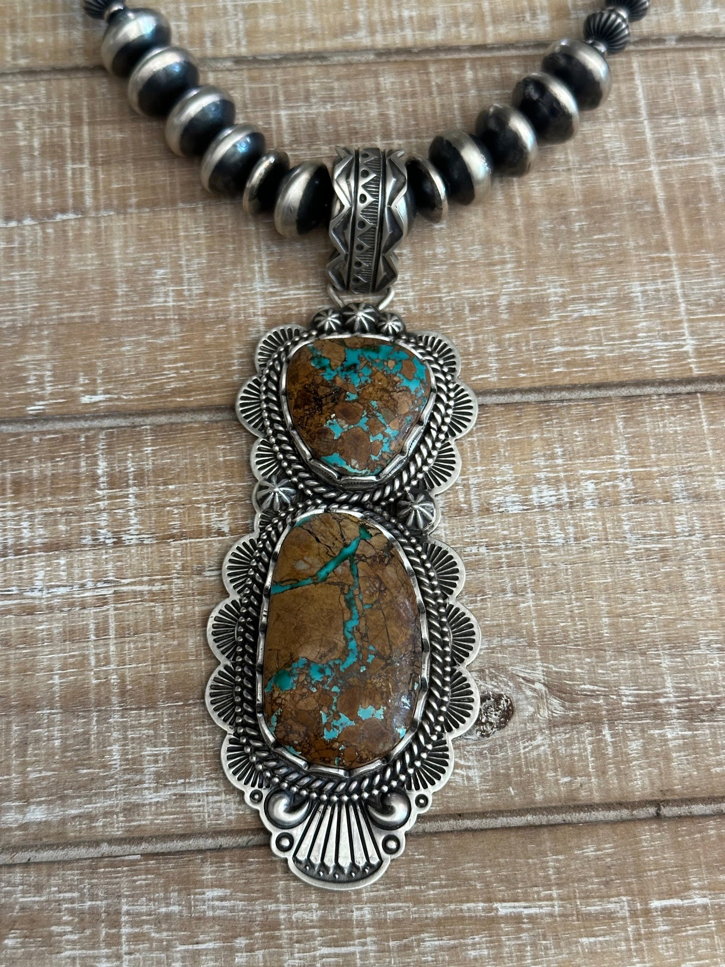 Charles Johnson Handcrafted Ribbon Turquoise & Sterling Silver Necklace, Bracelet and Ring  Set Signed