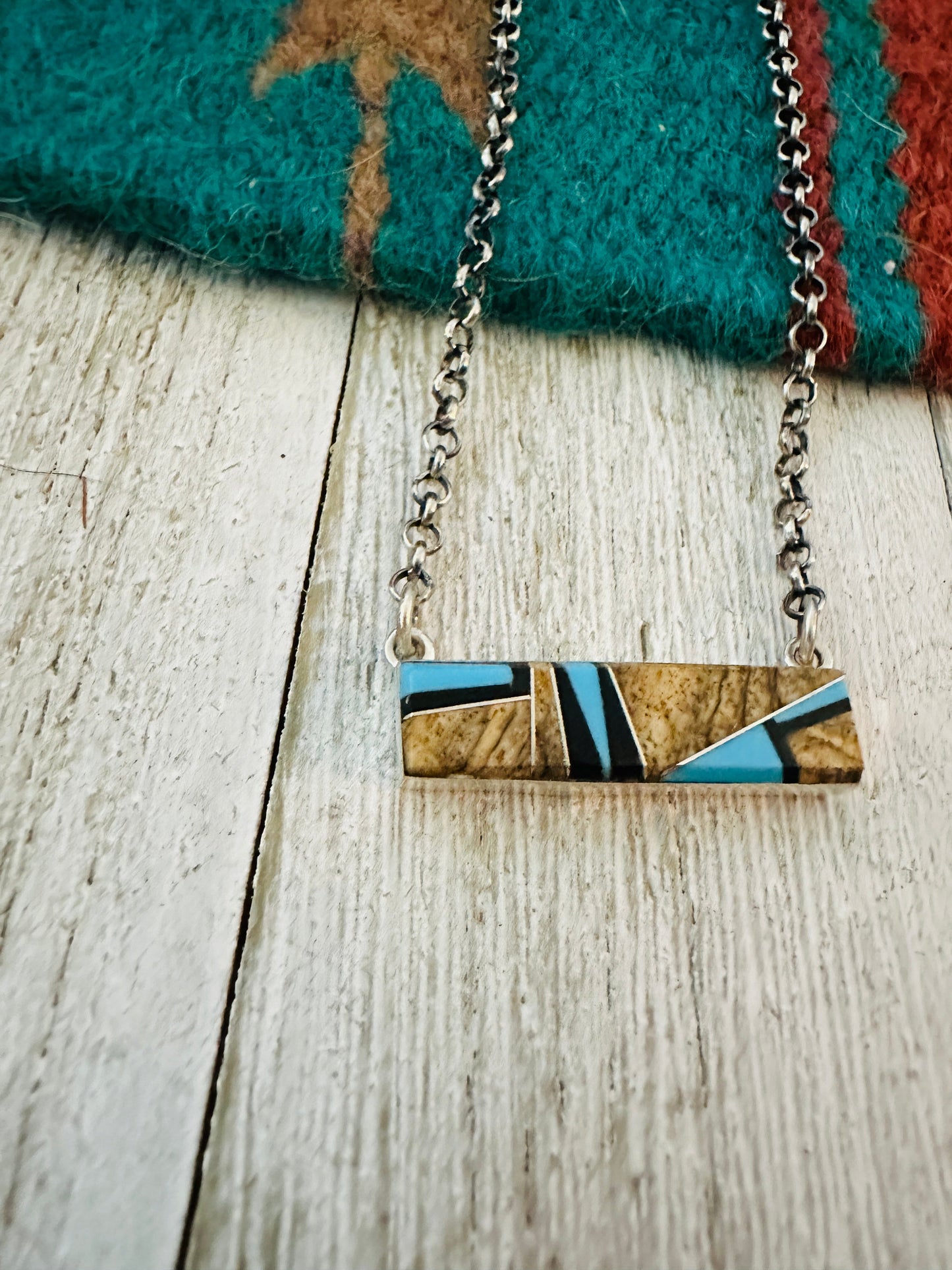 Handcrafted Multi Stone & Sterling Silver Inlay Bar Necklace