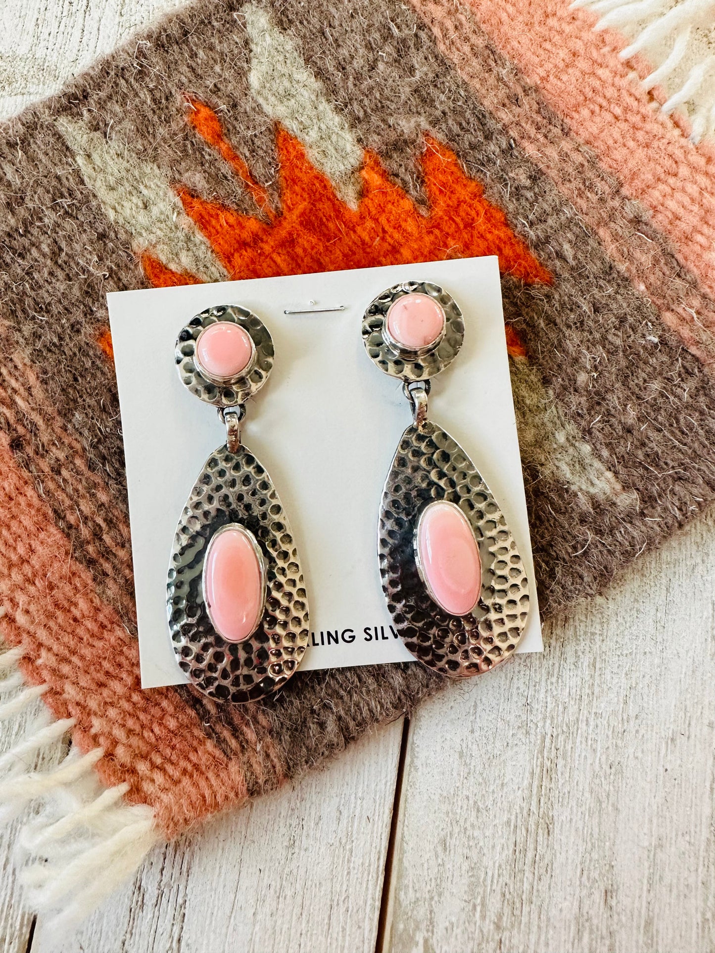 Navajo Queen Pink Conch & Sterling Silver Dangle Earrings