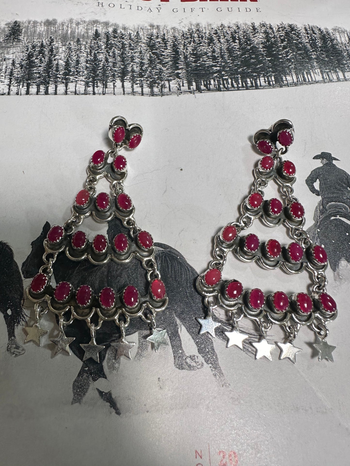 Handmade Sterling Silver & Pink Onyx Chandelier Star Dangle Earrings