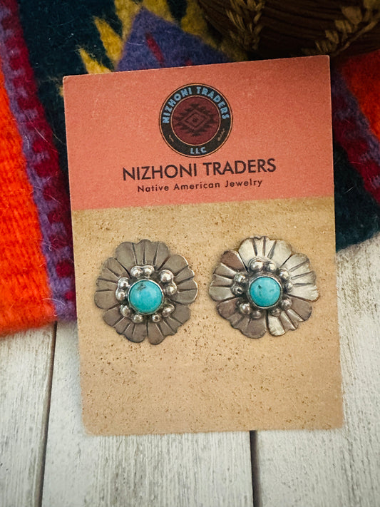 Handcrafted Turquoise and Sterling Silver Flower Post Earrings
