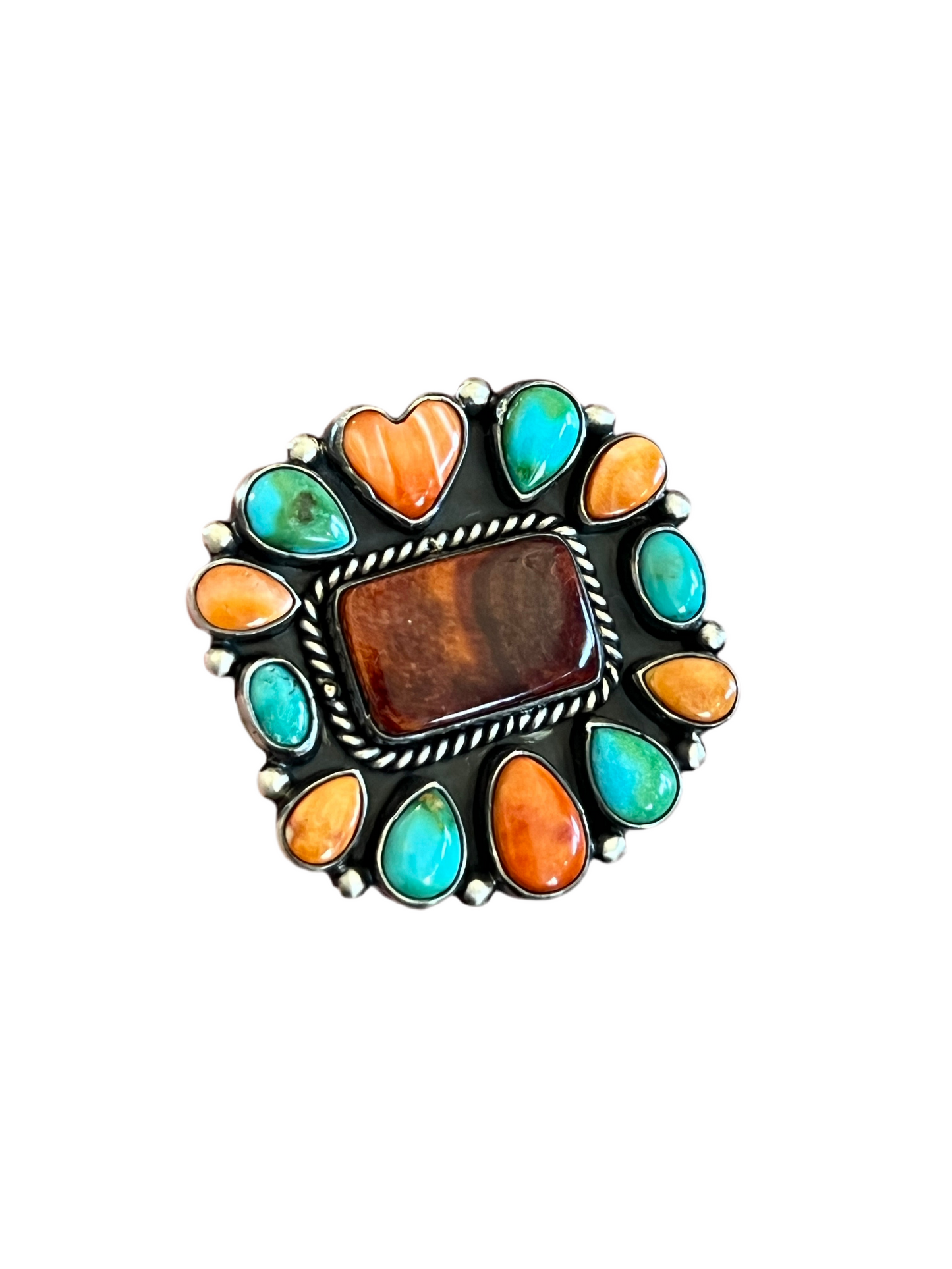 Handcrafted Electric Rainbow Turquoise and Spiny Oyster Ring by Angela Martin and Bernyse Chavez, Size 7.5-8