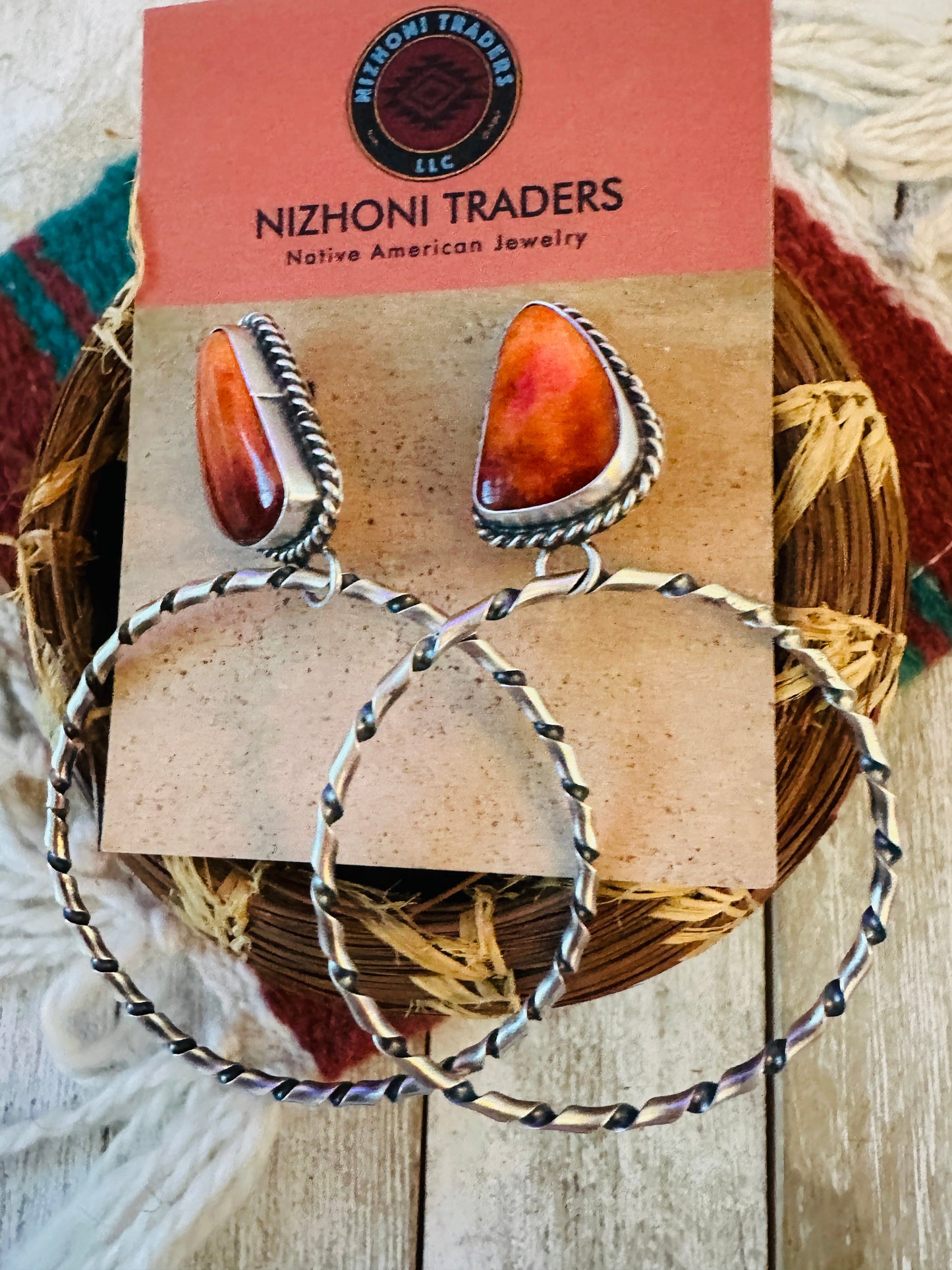 Handcrafted Orange Spiny and Sterling Silver Dangle Hoop Earrings